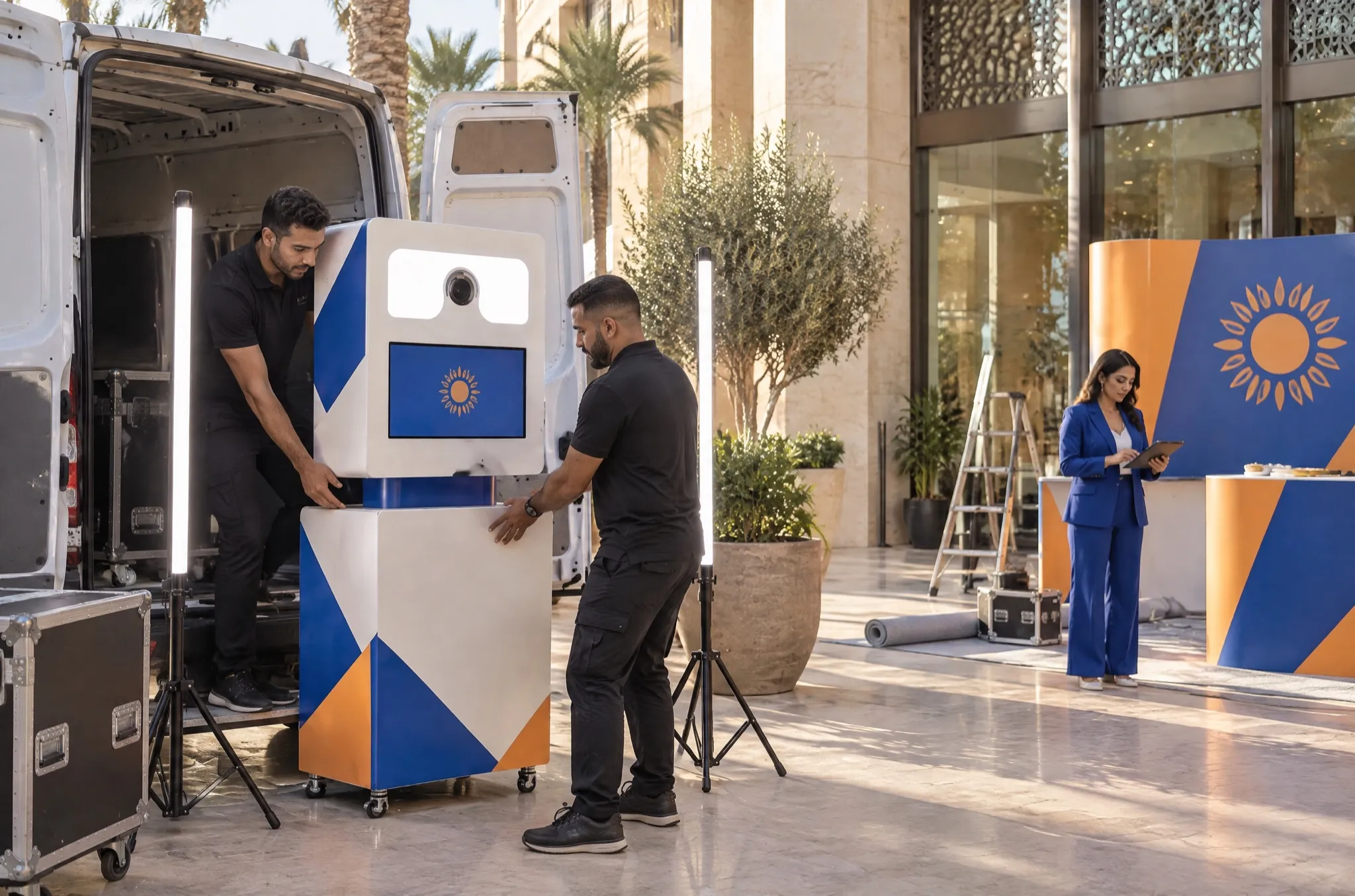 En tournée, avant le public : deux techniciens PhotoBox sortent d’un utilitaire la borne habillée aux couleurs de la marque, devant son stand pop-up