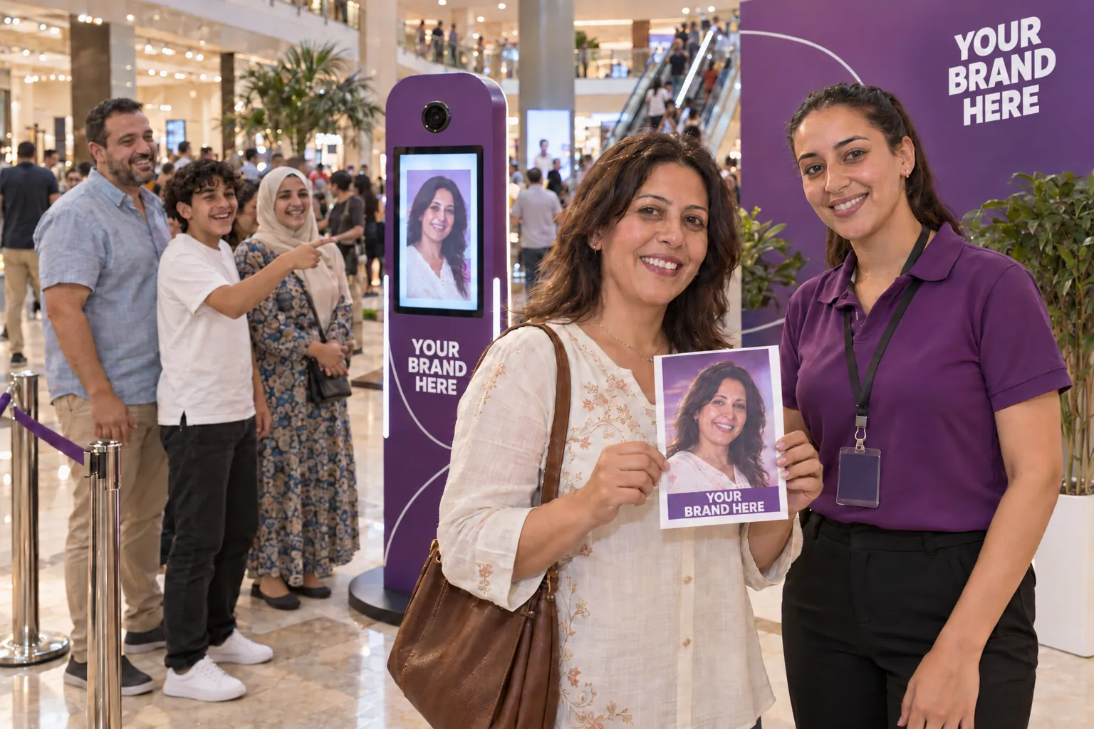 A visitor shows her campaign portrait beside a booth in your brand colours in a shopping gallery