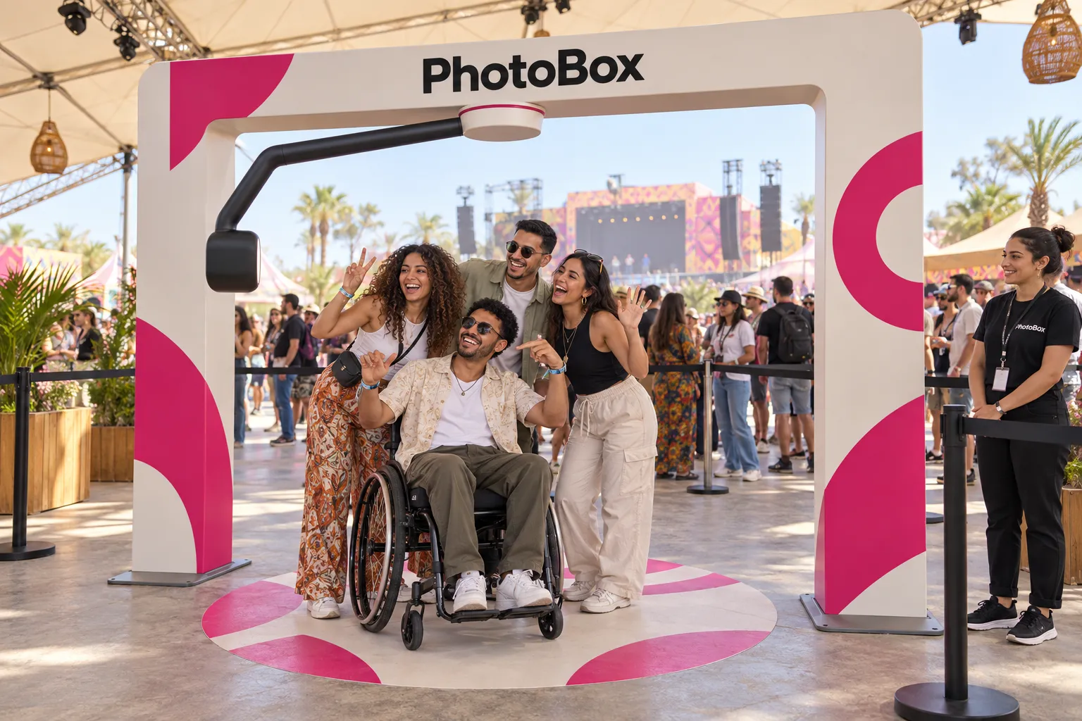 Un groupe d’amis, dont un invité en fauteuil, filmé au sol sous le portique Air 360° PhotoBox, en festival