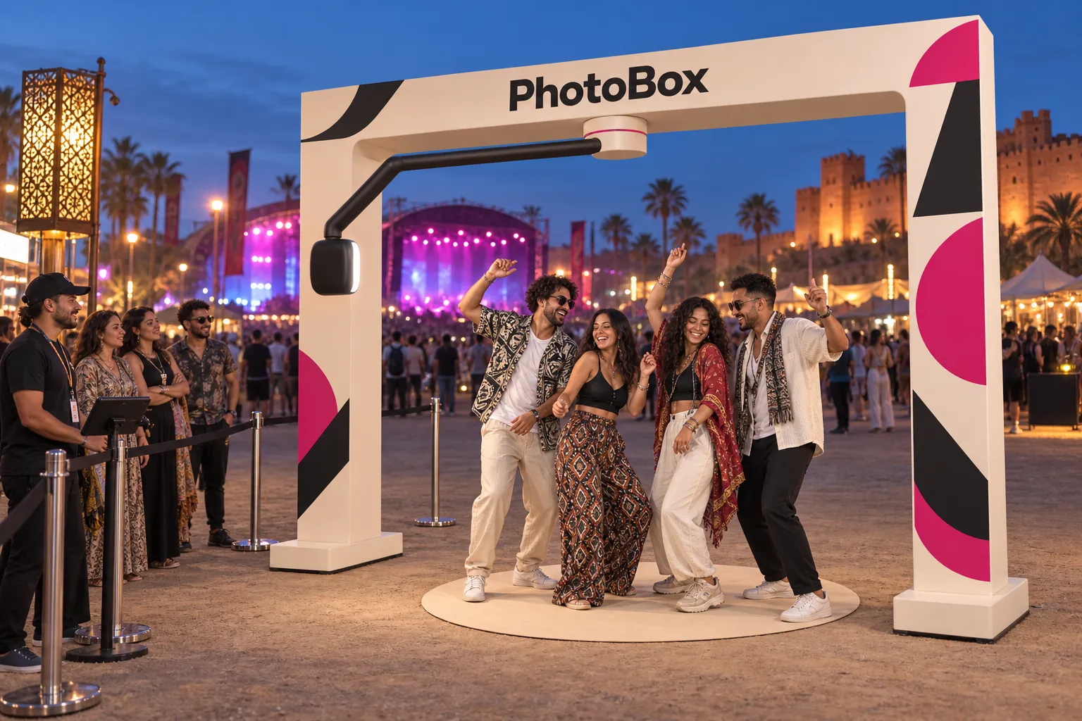 Air 360° PhotoBox sur un festival, portique et participants au sol.