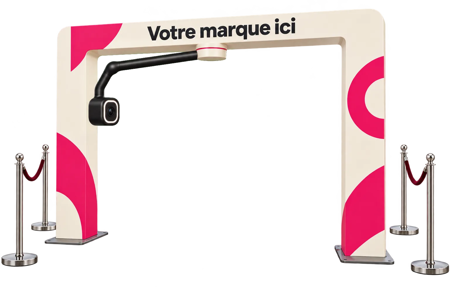 Portique Air 360° crème et magenta, Votre marque ici sur le fronton, bras et caméra suspendus, quatre potelets latéraux et entrée dégagée