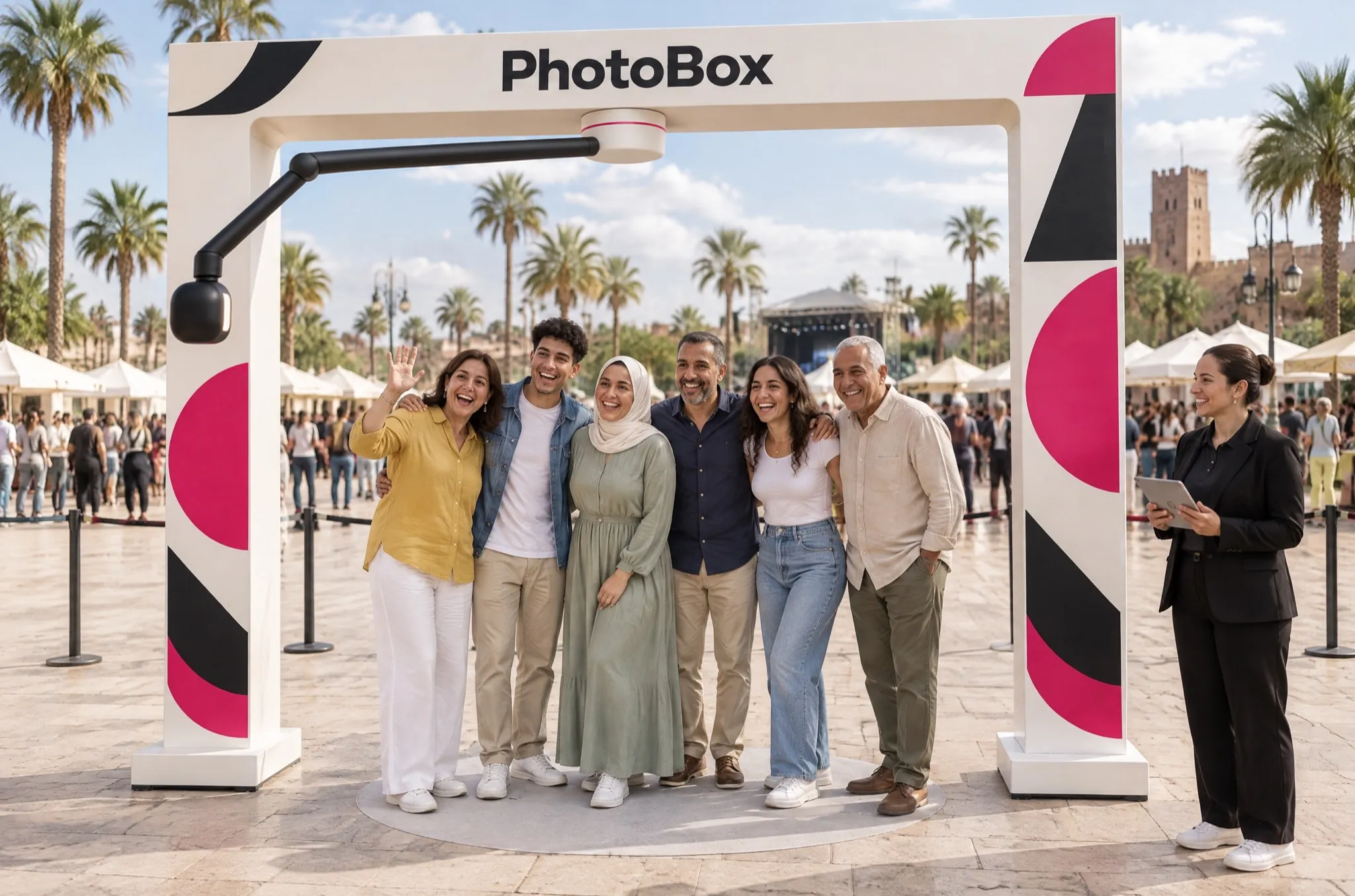 Friends pose at ground level under the Air 360 portal and its overhead camera arm