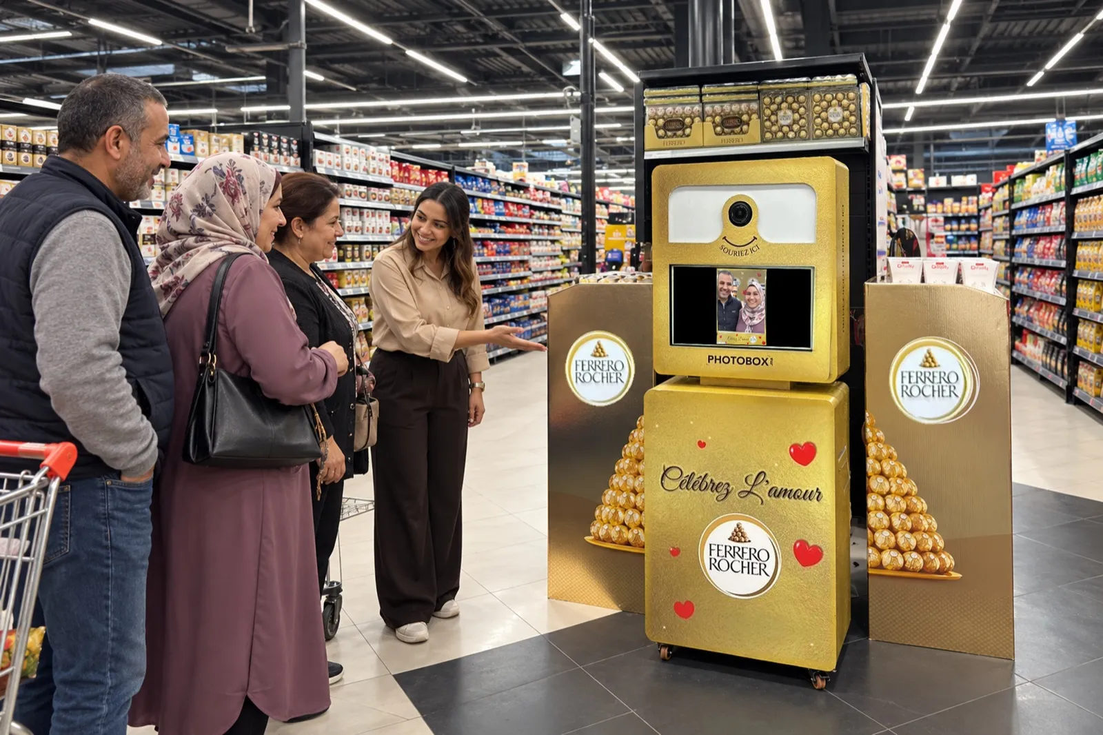 Dans une allée d’hypermarché, une animatrice invite des clients vers la borne photo dorée Ferrero Rocher et son présentoir