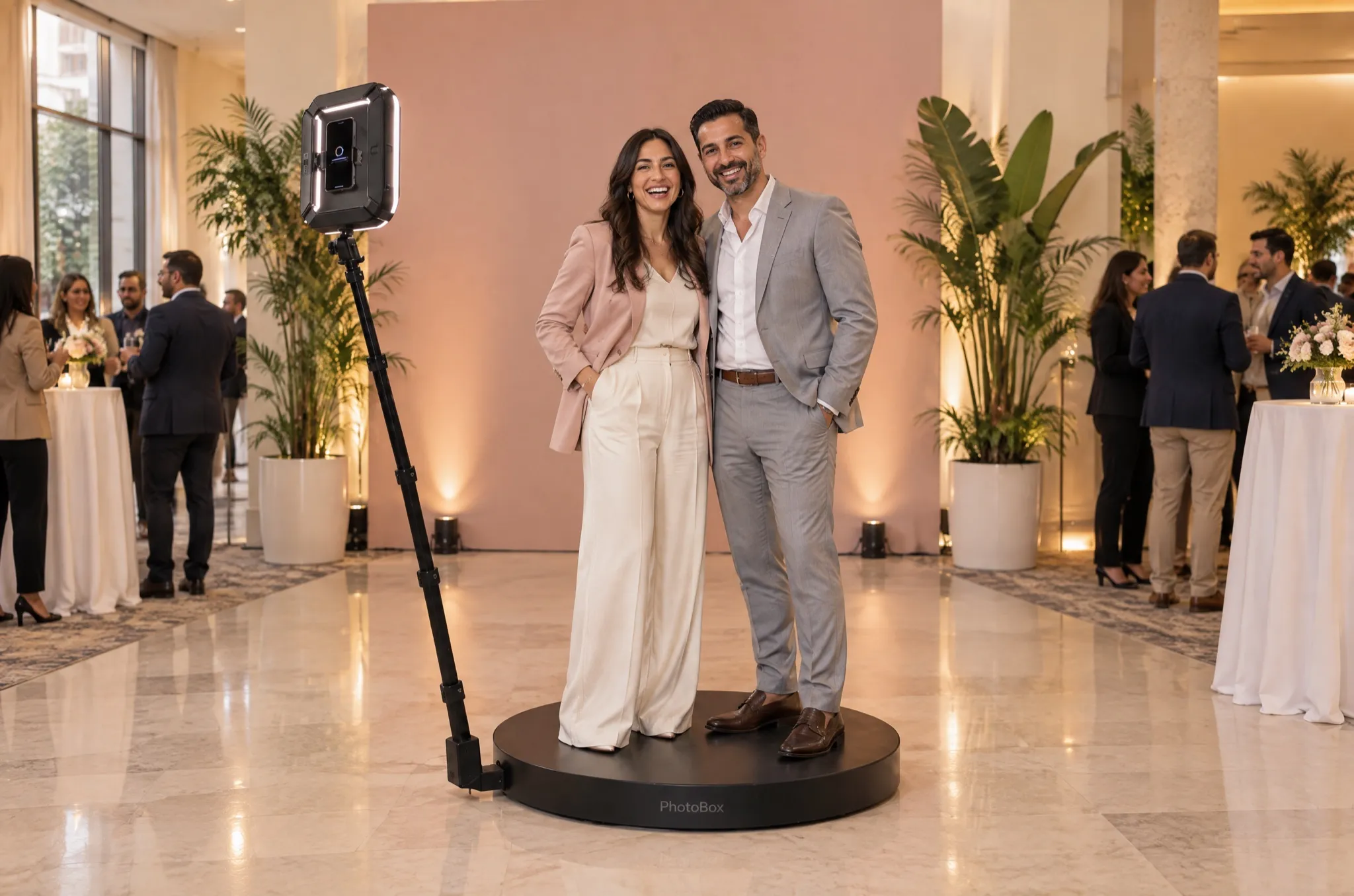 Dans un hall de réception, deux invités sourient de face au centre du plateau 360°, le bras et sa caméra visibles en entier.