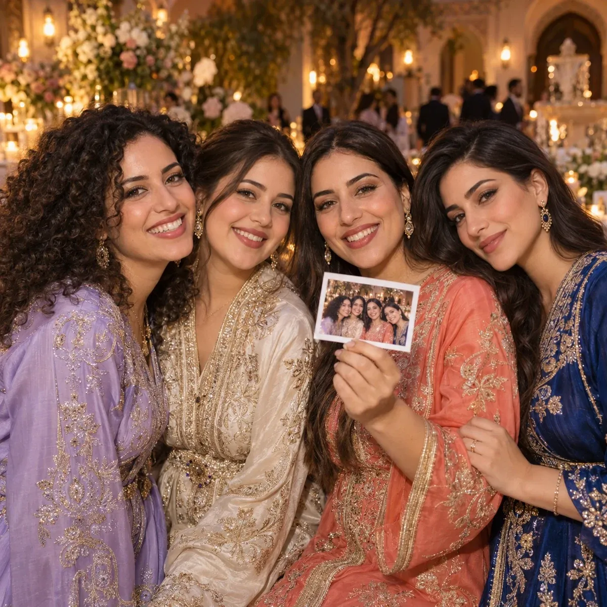 Four friends in colourful caftans show their photo
