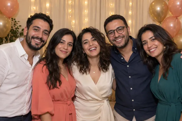 Cinq amis réunis devant l’objectif pour une photo d’anniversaire