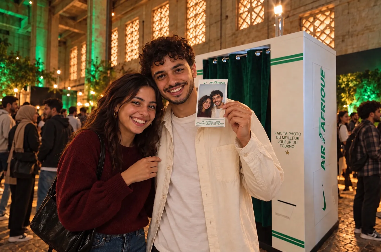 Deux amis devant la cabine Air Afrique montrent leur tirage face à l’objectif, tout sourire