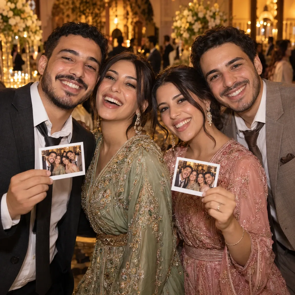 Des amis réunis au mariage montrent leurs photos souvenirs