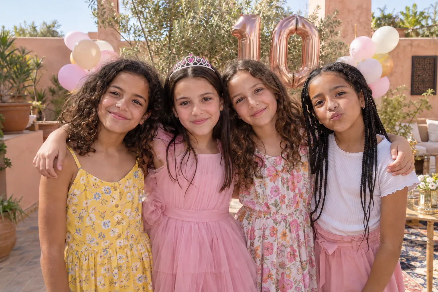 Quatre copines sourient ensemble pour un anniversaire de 10 ans