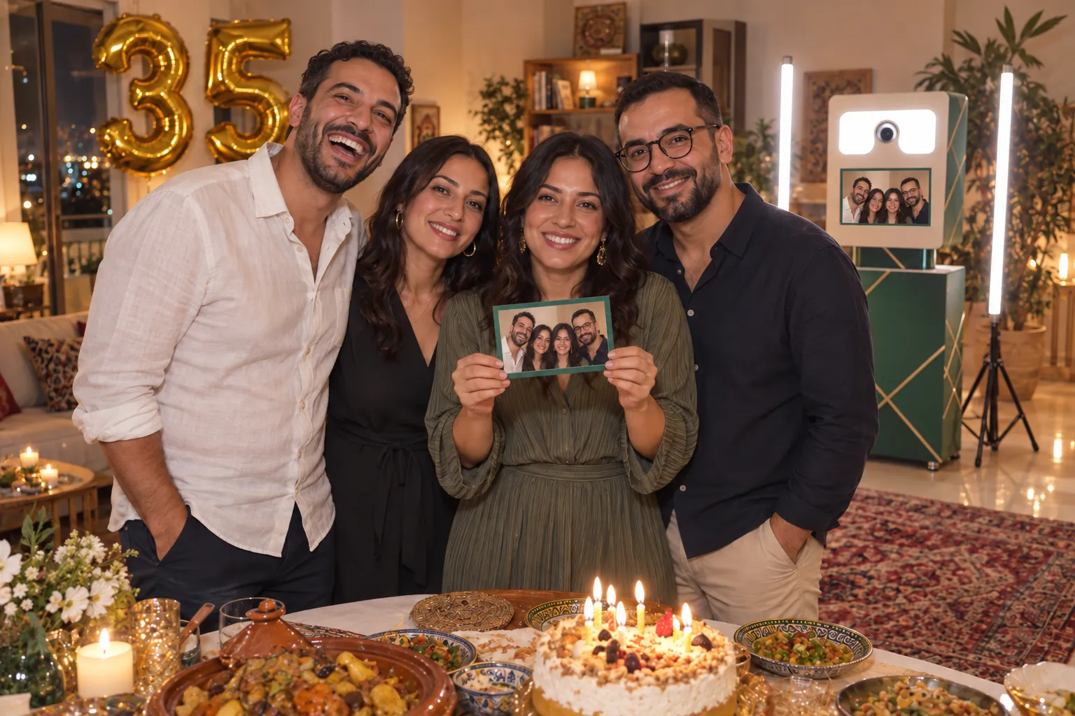 Des amis montrent leur photo imprimée pendant un anniversaire