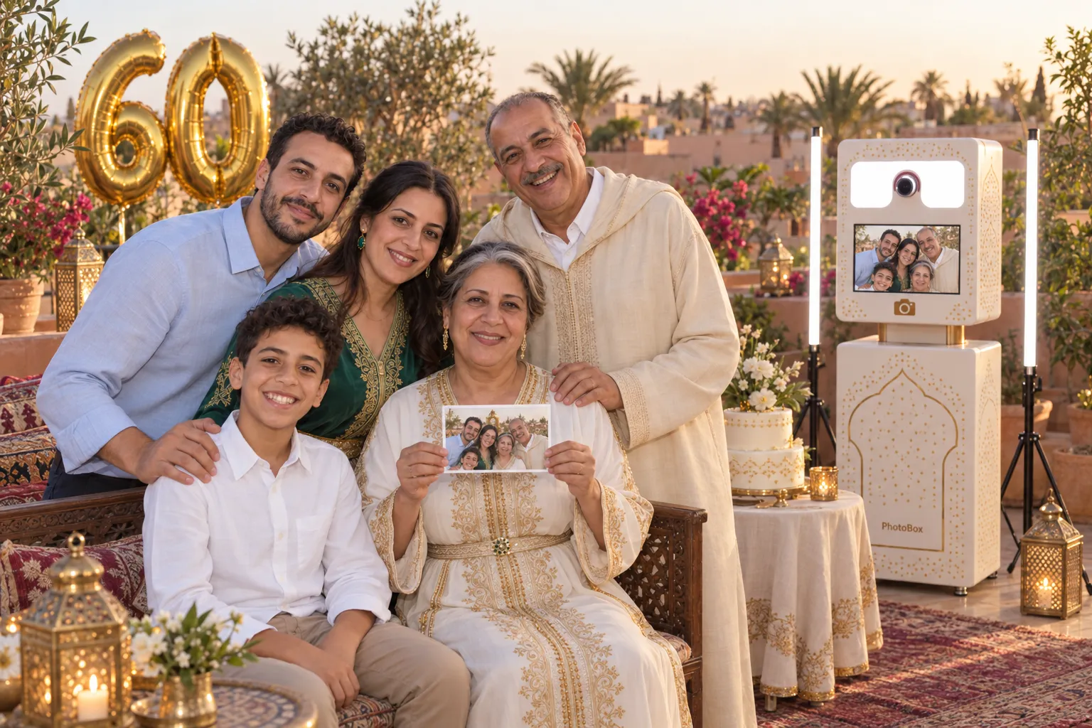 Une famille de trois générations présente son tirage pour un anniversaire en terrasse, face aux toits de la médina