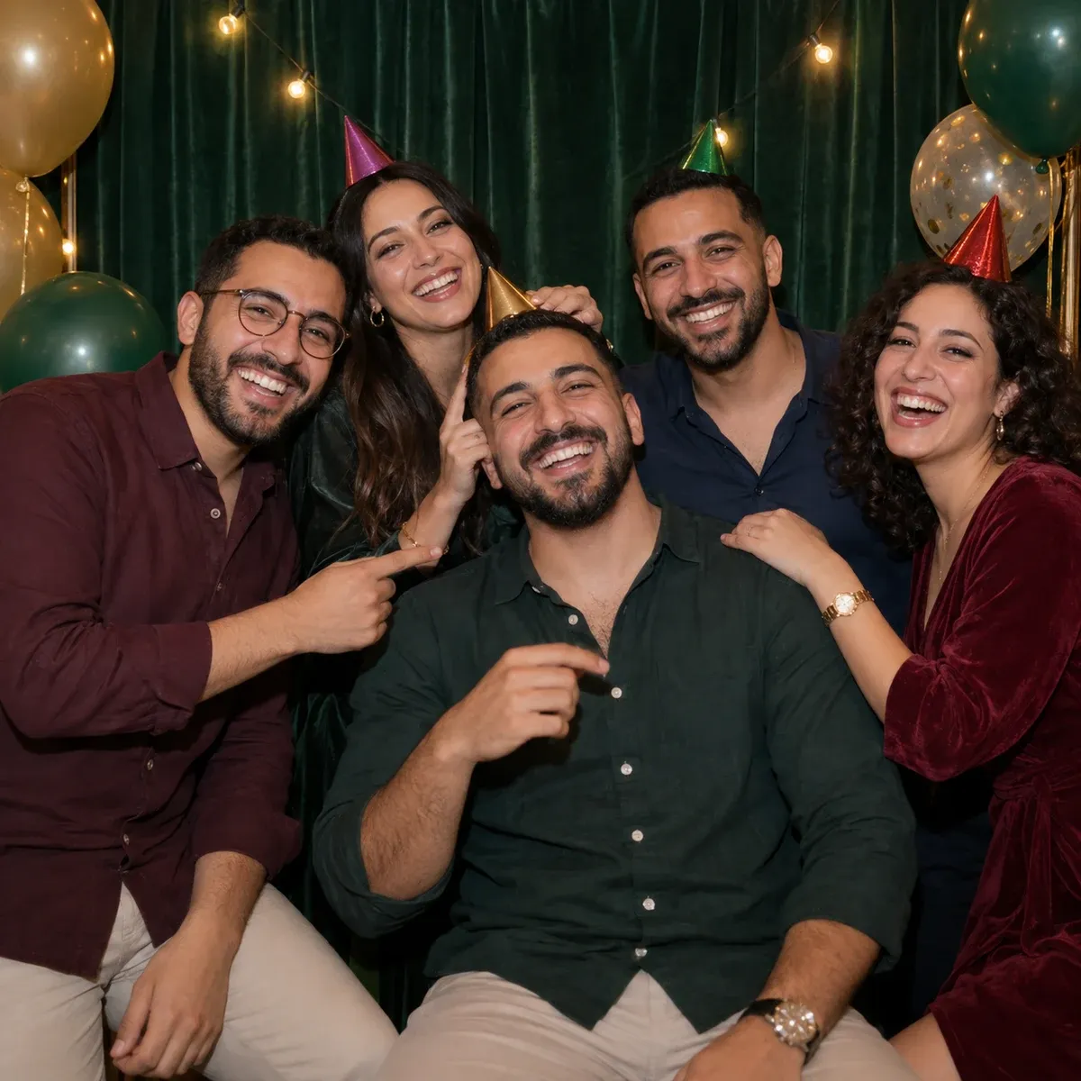 Des amis réunis pour un anniversaire rient ensemble devant l’objectif