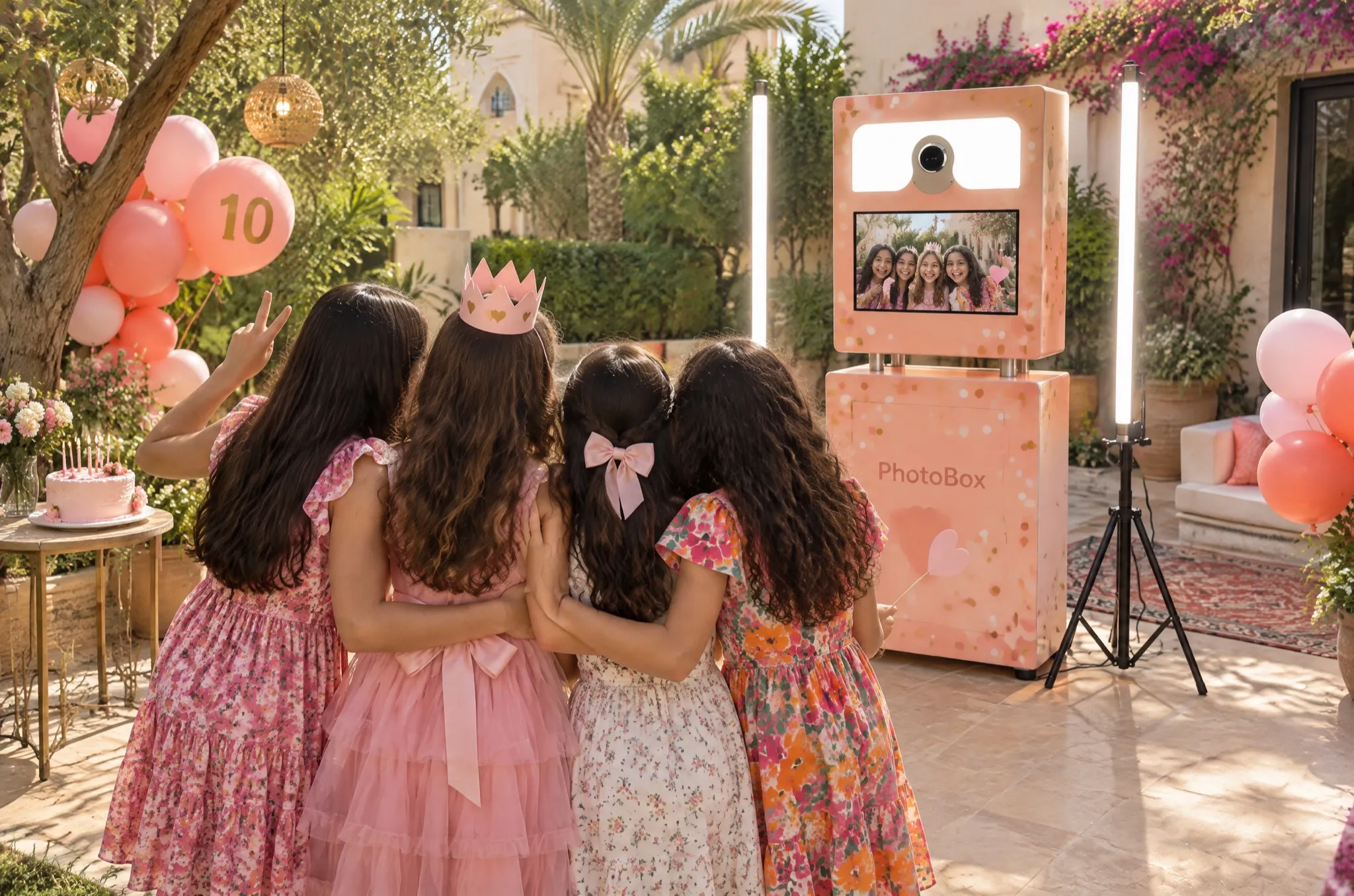 Les copines prennent la pose face à la borne rose