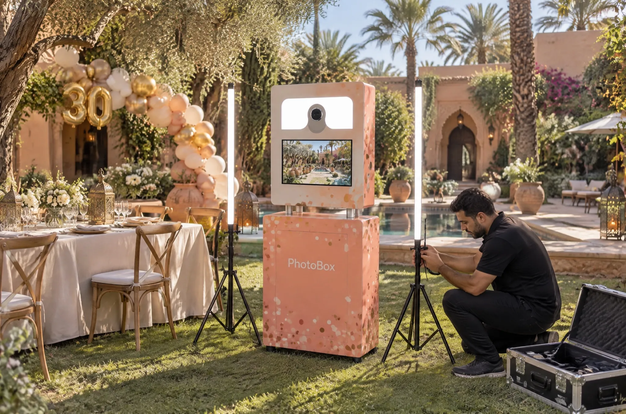Un technicien règle la lumière du photobooth avant les invités