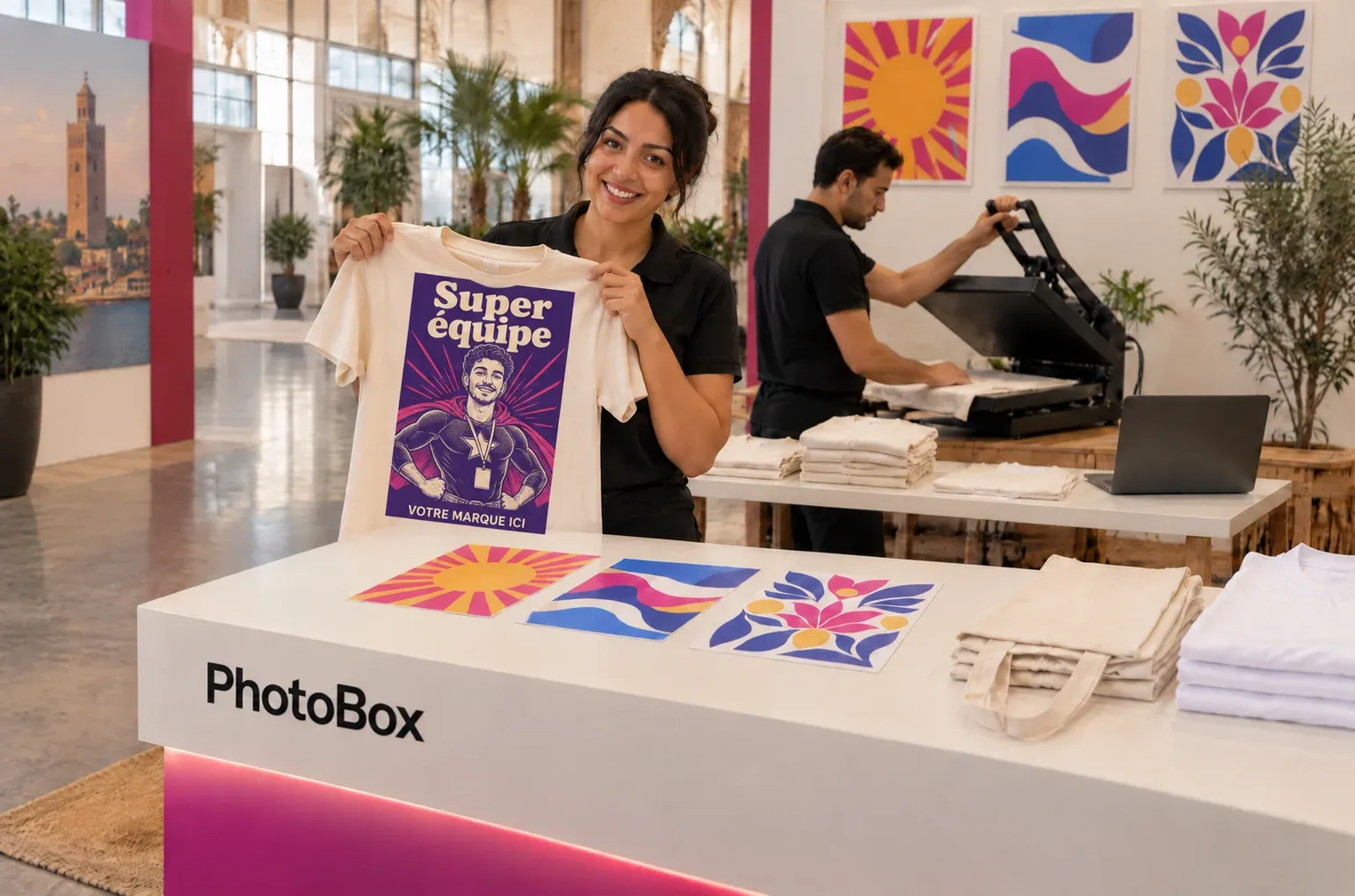 Sur un stand Live Print PhotoBox avant l’ouverture, une animatrice présente un tee-shirt imprimé d’une affiche « Super équipe »