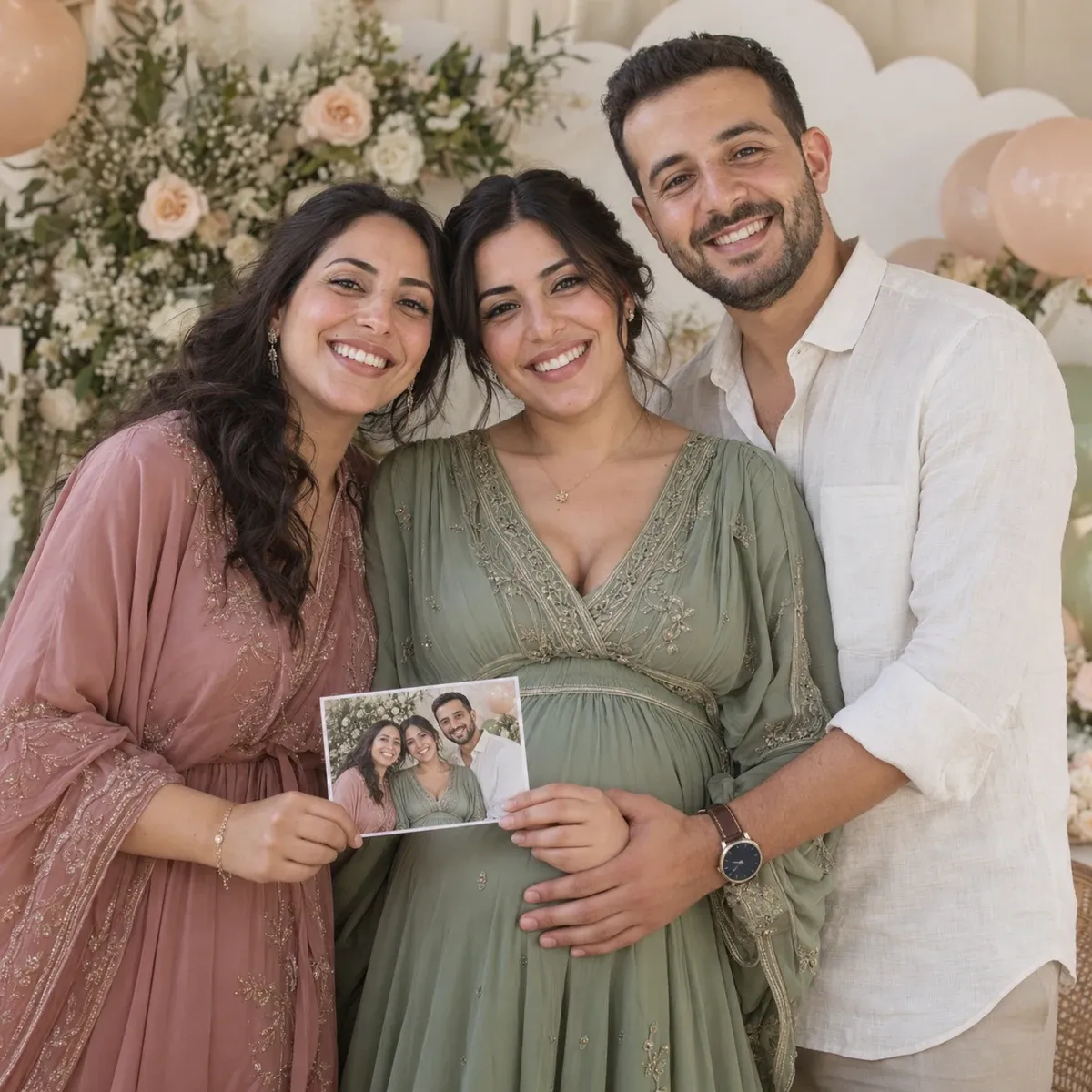 Les futurs parents et une proche partagent leur photo de baby shower