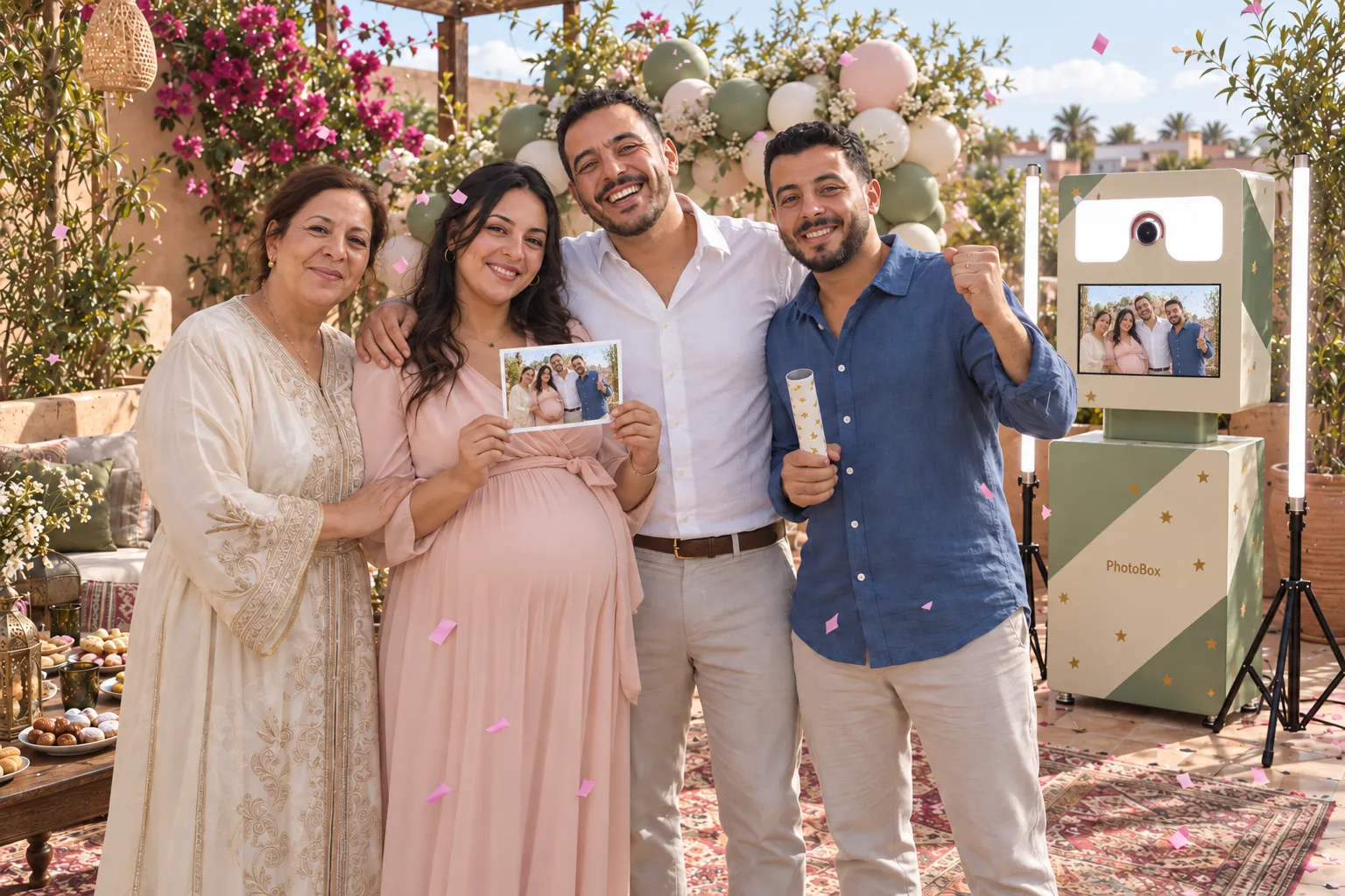 Les futurs parents montrent leur tirage sous les confettis roses, avec leurs proches et une Selfie Box sauge et crème