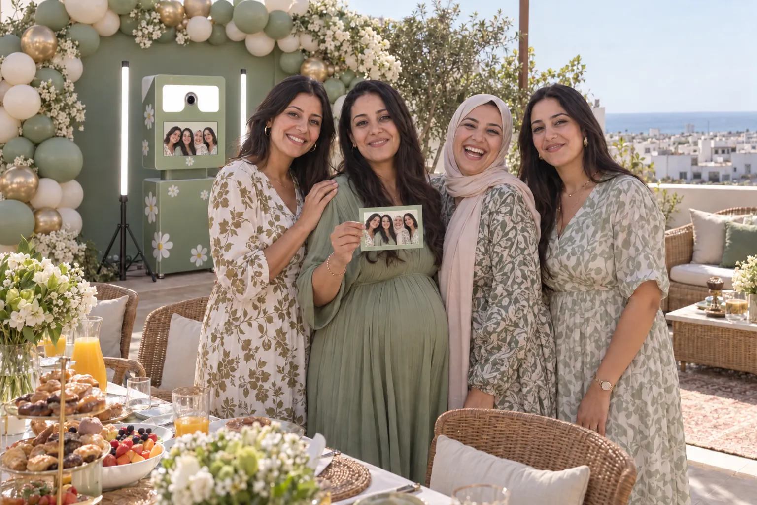 Une future maman et ses amies présentent leur tirage