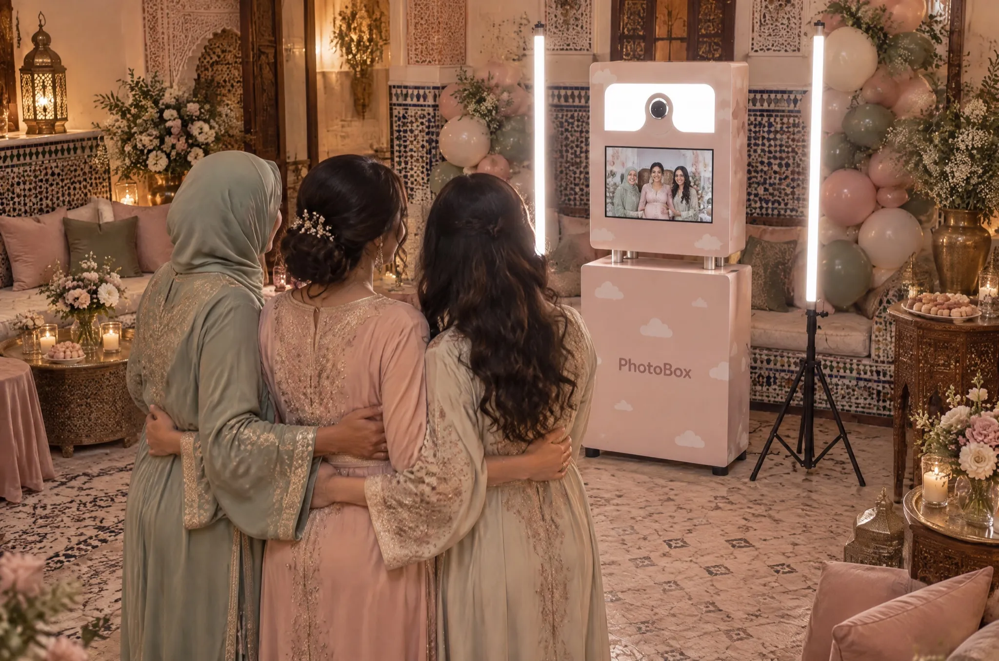 Family members pose at a living-room baby shower
