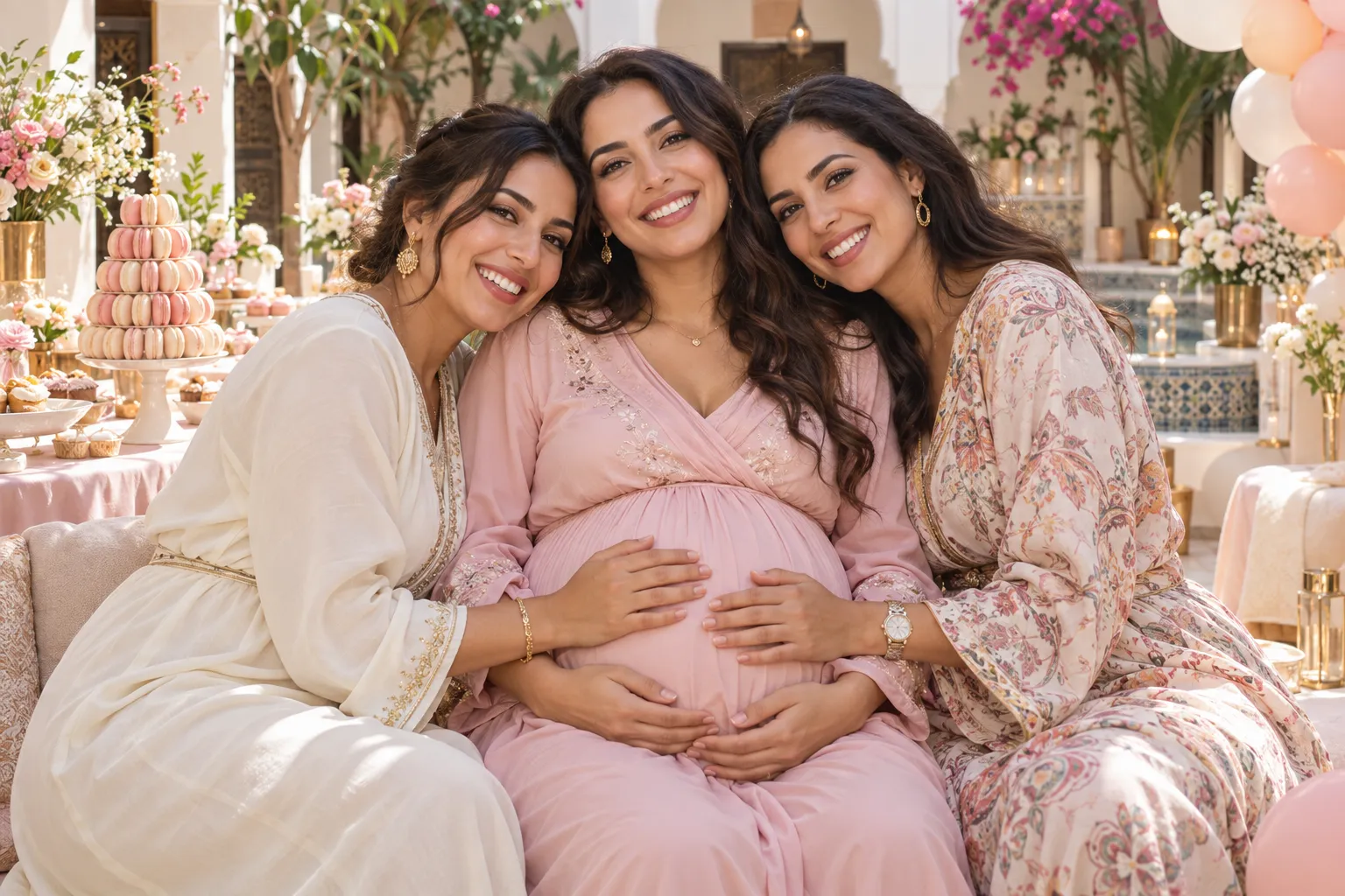 The mother-to-be and two friends pose together at a baby shower