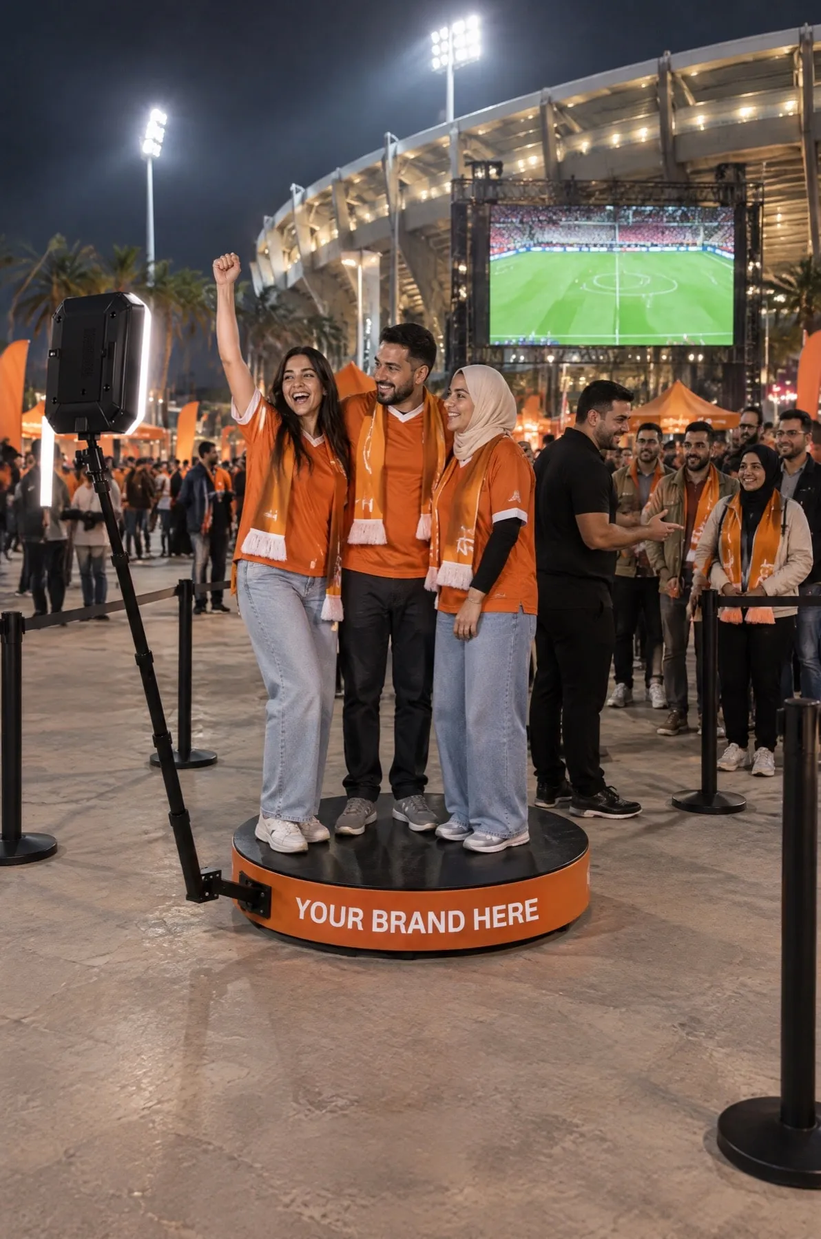 Supporters in orange celebrate on a branded 360° video platform in a stadium fan zone, a giant screen behind them