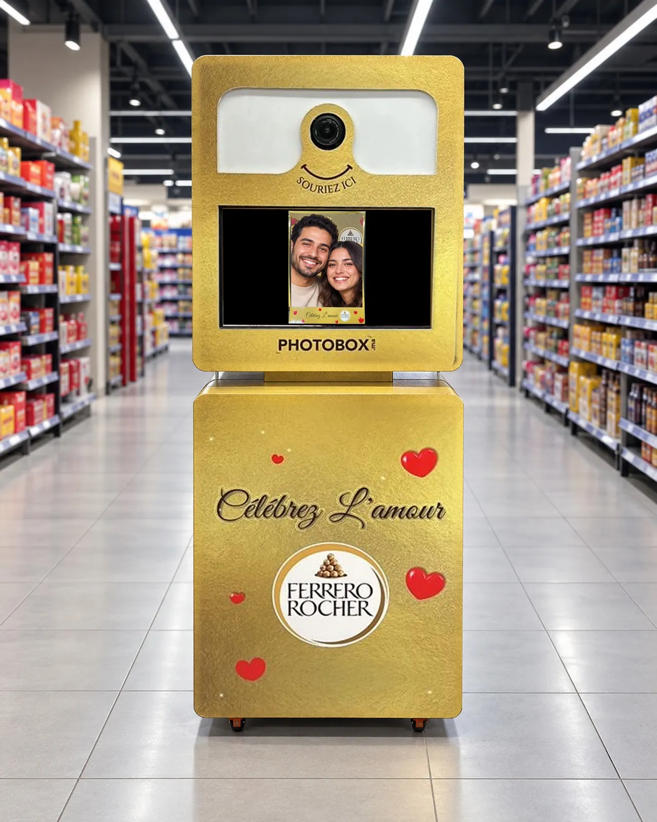 La borne photo dorée Ferrero Rocher « Célébrez l’amour », de face, dans une allée d’hypermarché
