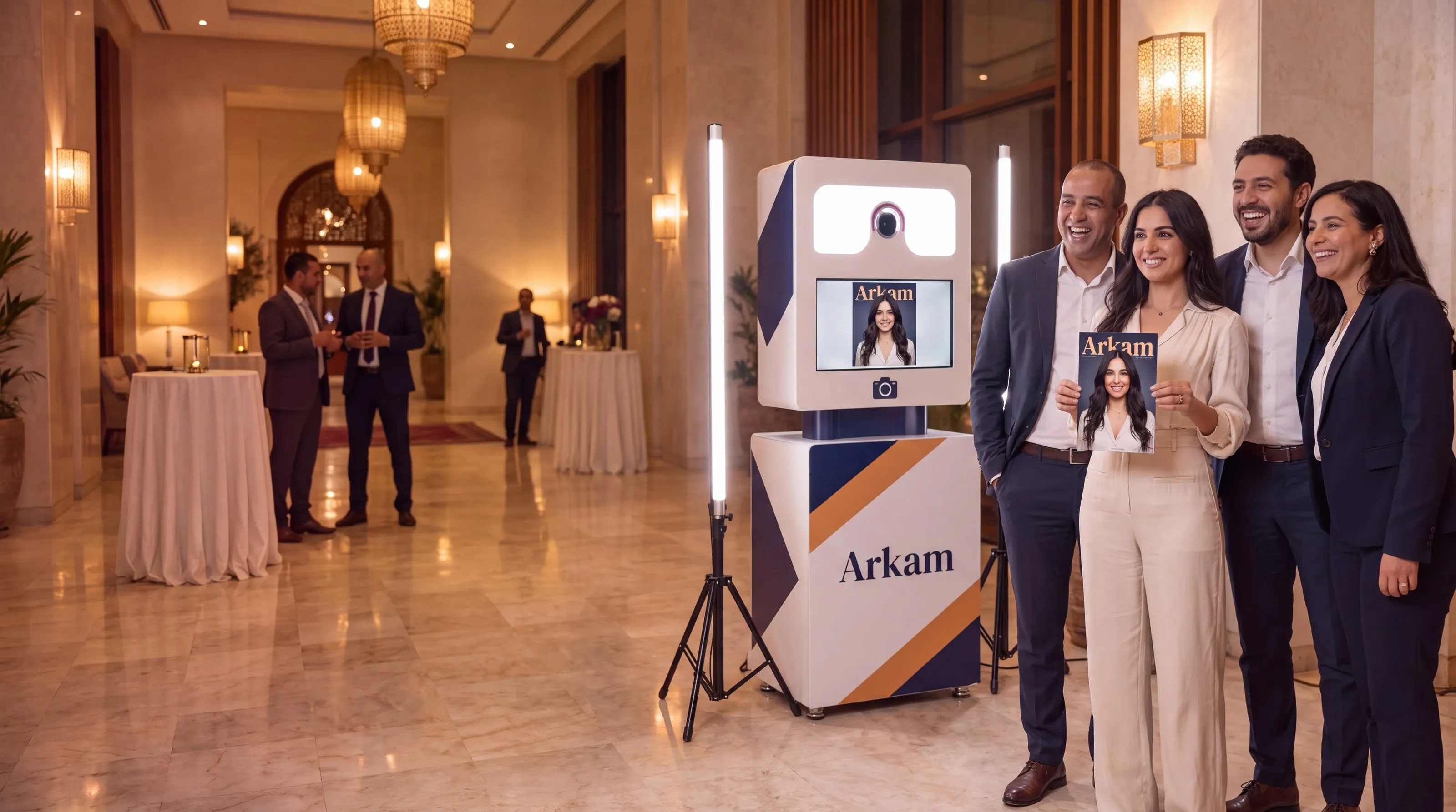 Quatre invités présentent la couverture de magazine créée par l’IA, devant une Selfie Box habillée aux couleurs de la marque Arkam.