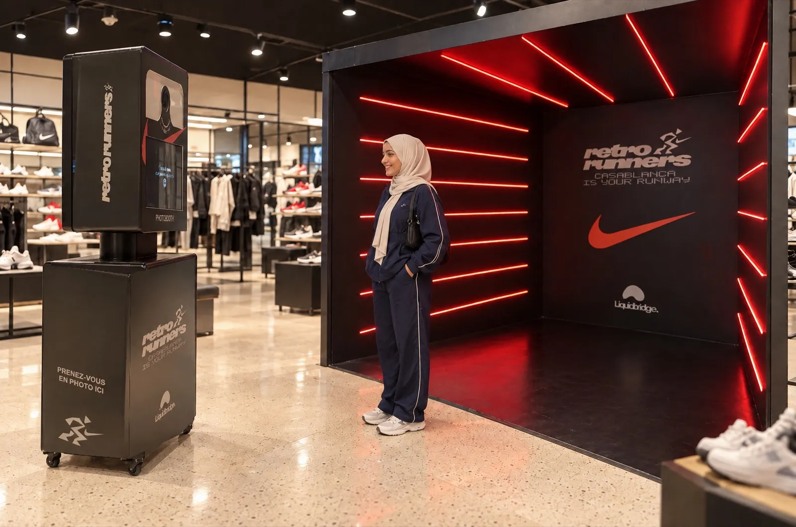 Dans le magasin Nike, la borne photo Retro Runners fait face au tunnel de néons rouges où une cliente prend la pose