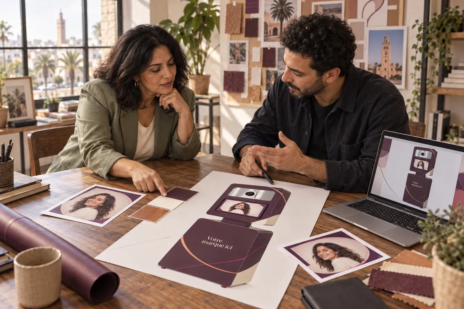 Une cliente et un créatif choisissent les matières et le design d’une borne au studio.