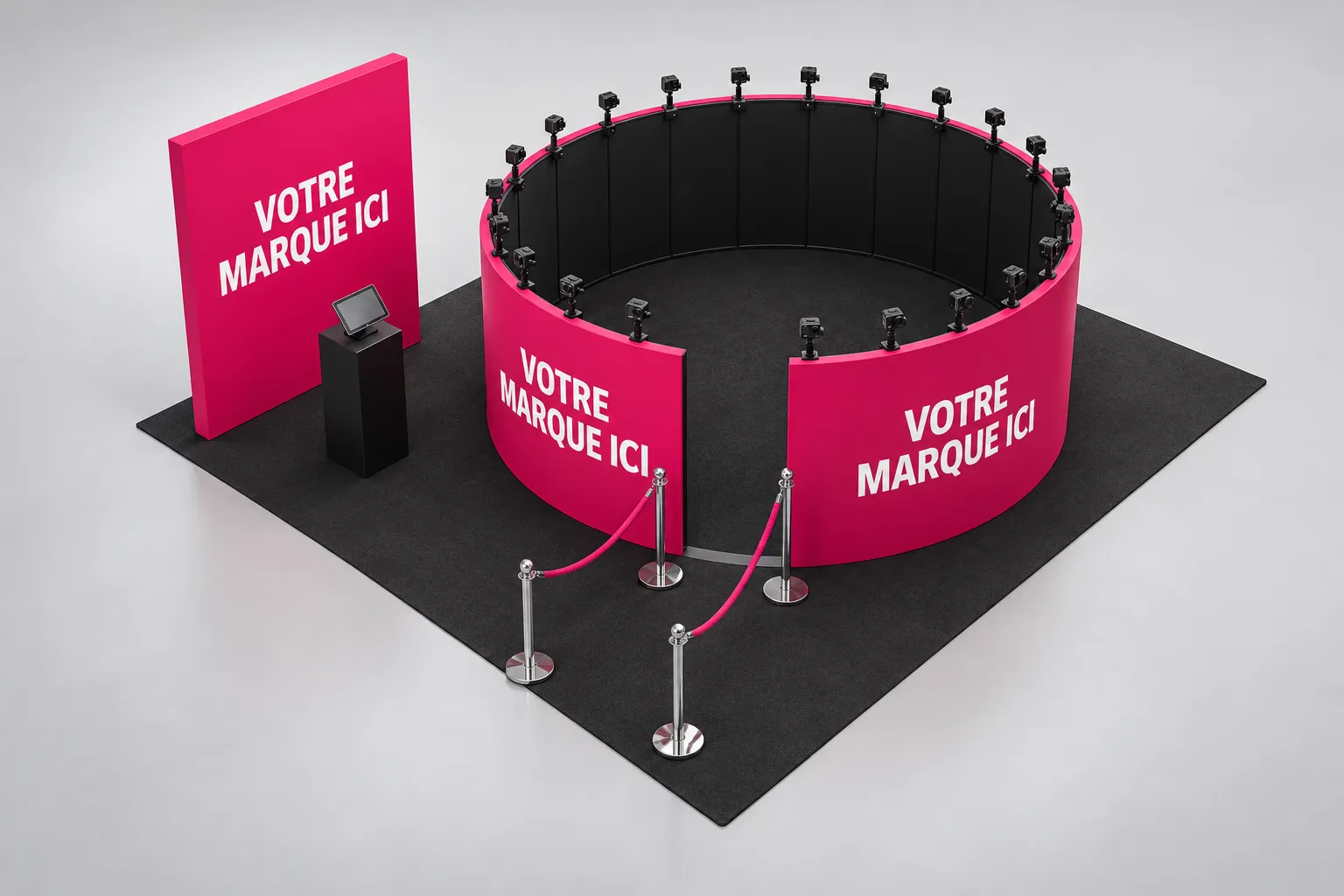Autre format possible : un anneau de caméras à paroi pleine, prêt à recevoir votre marque, avec son couloir d’entrée