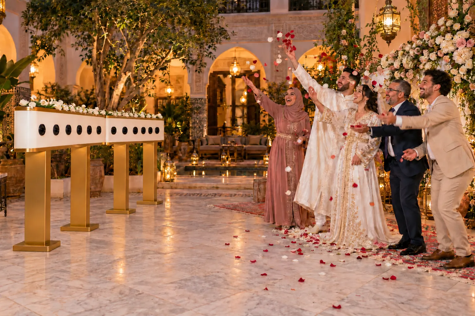 Les mariés et leurs proches lancent des pétales de rose face au Bullet booth habillé ivoire et or, dans un riad