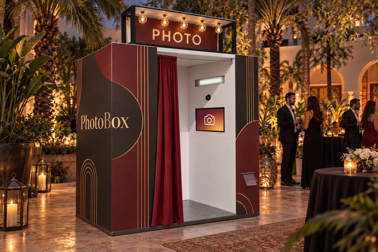 Une cabine photo entièrement habillée, avec son rideau et son enseigne, lors d’une réception professionnelle.
