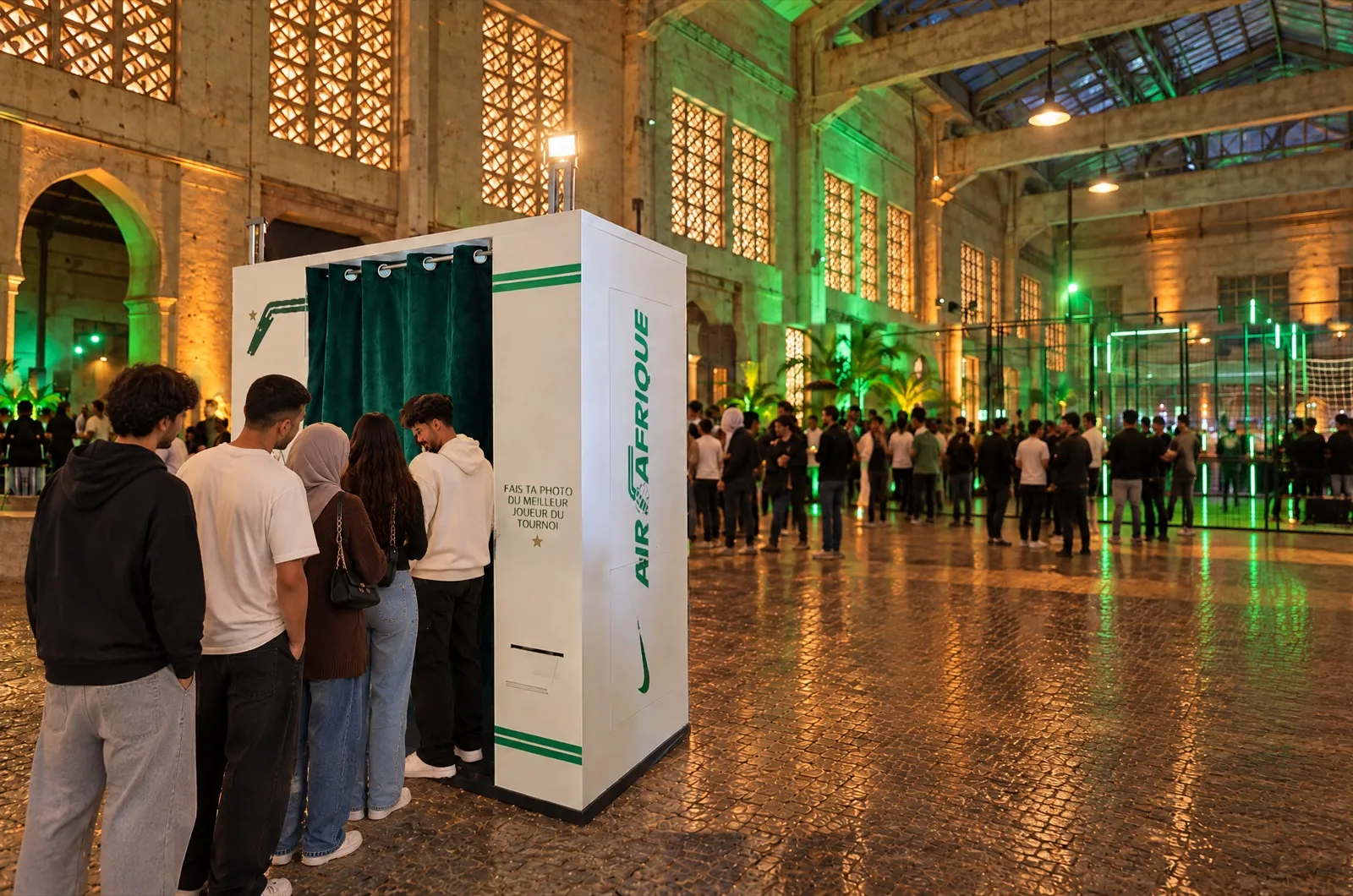 La cabine photo blanche Air Afrique × Nike à rideau vert sous la verrière des anciens Abattoirs de Casablanca, avec une file de jeunes visiteurs