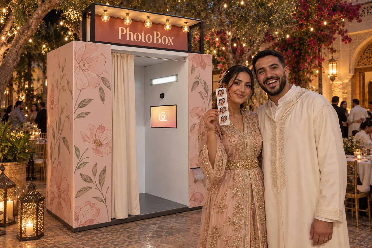 A couple shows their photo strip in front of the flower-wrapped curtain booth at a reception