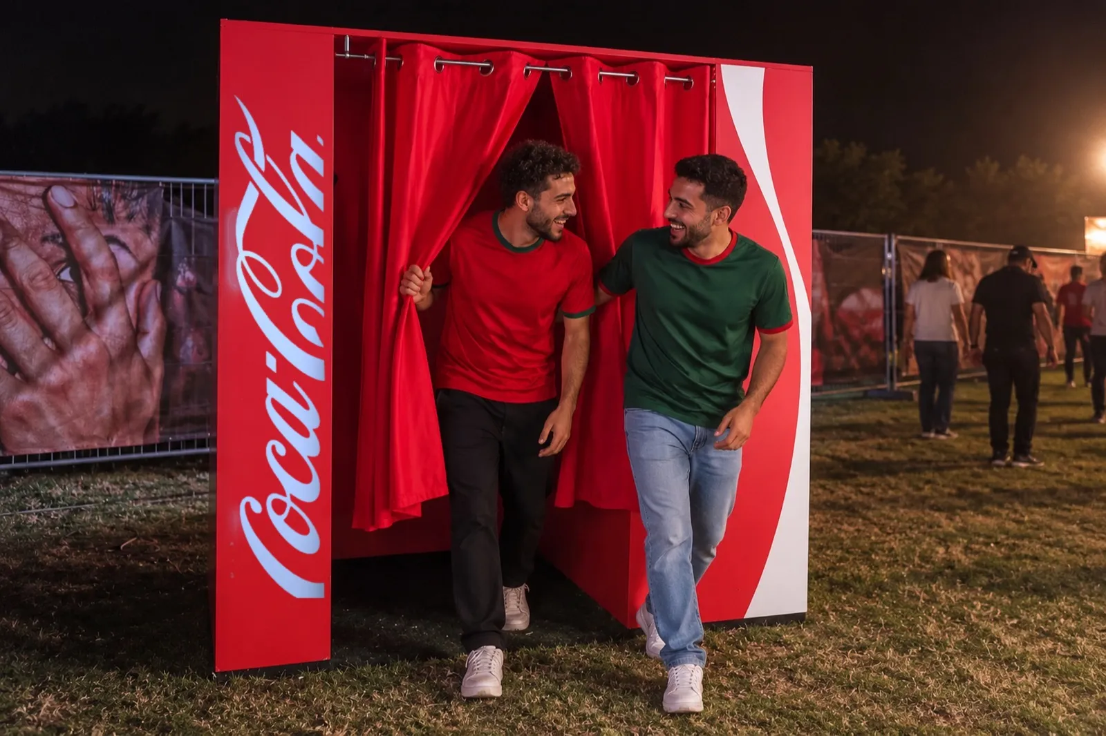 De nuit, deux amis sortent en riant de la cabine photo rouge Coca-Cola