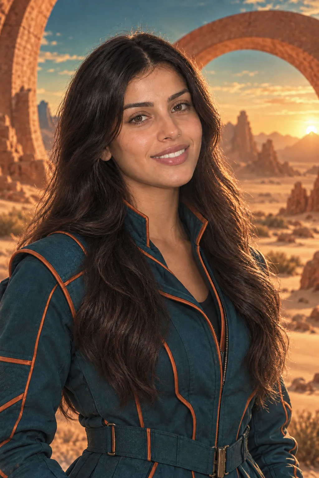 La même participante transformée en exploratrice dans un univers turquoise et terracotta