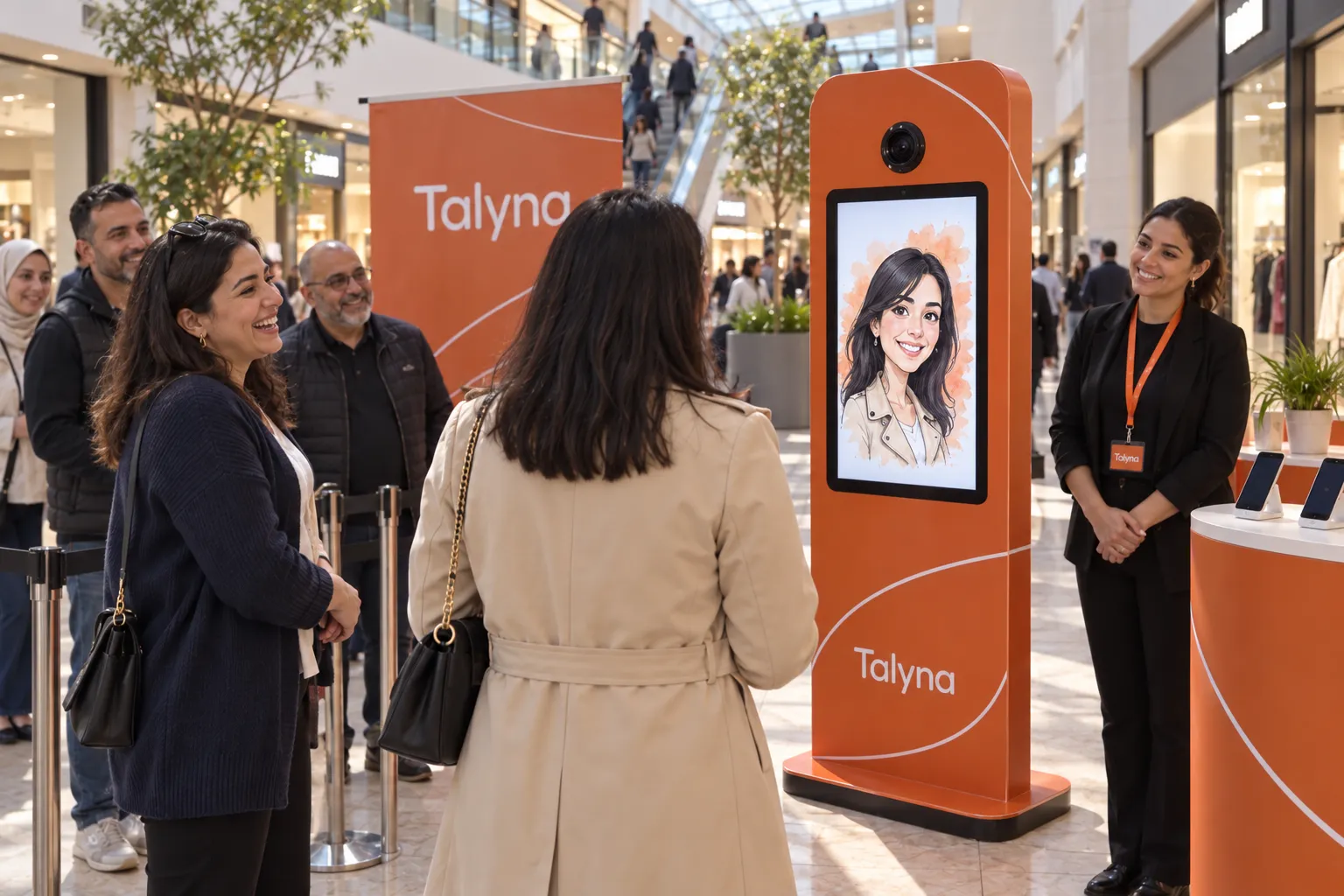 Des visiteuses découvrent une caricature sur une borne orange dans un centre commercial