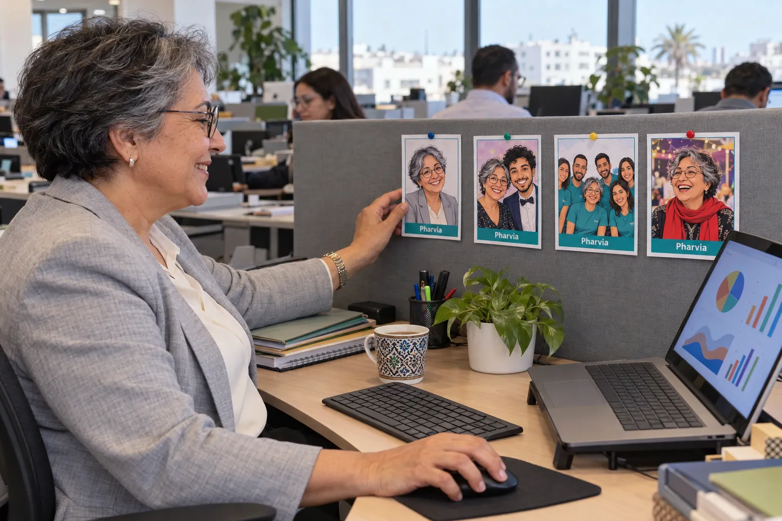 À son bureau, une collaboratrice sourit devant ses caricatures épinglées à la cloison, rapportées d’un séminaire, d’une soirée et d’un team building