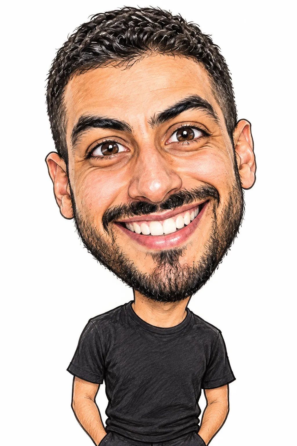 His smiling face becomes an expressive ink caricature