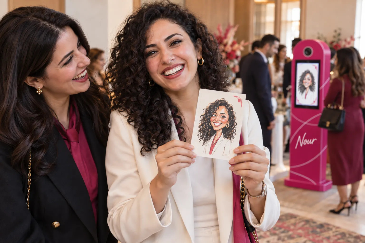 Une invitée présente sa caricature imprimée face à l’objectif ; son amie rit, devant une borne habillée en framboise.