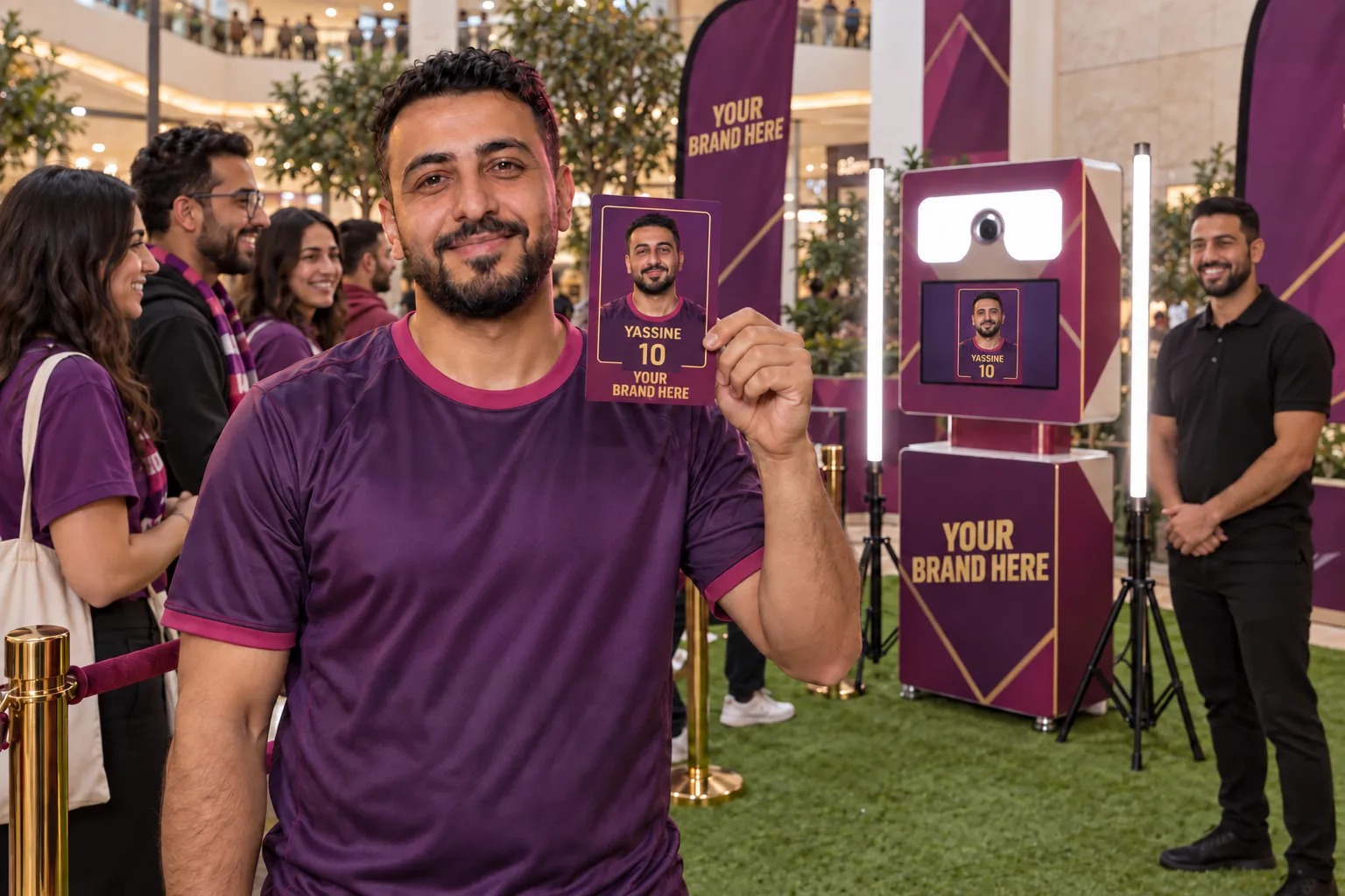 A participant holds up his printed player card in your brand colours beside the branded photo booth