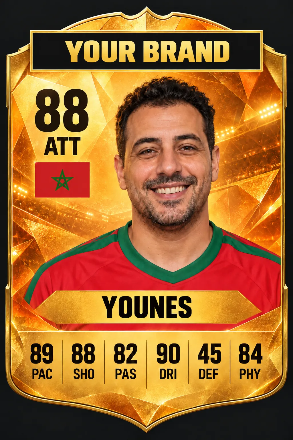 Gold player card for Younes in a red and green shirt, rated 88, with “Your brand” across the top