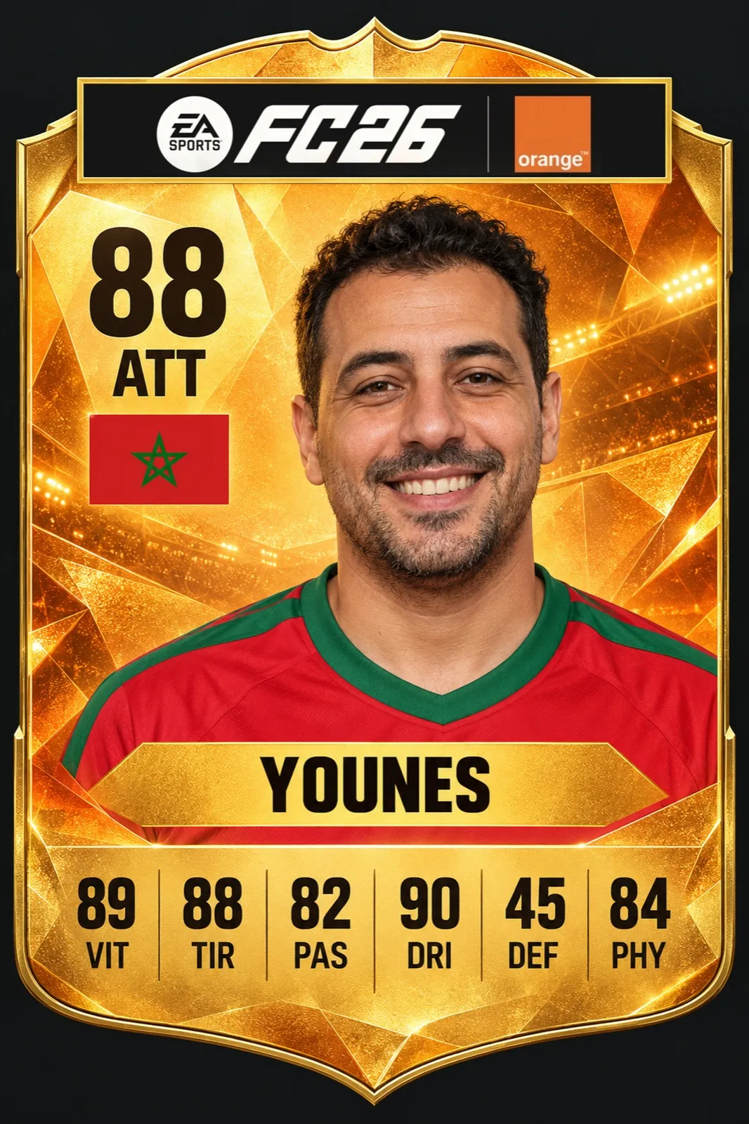 Carte de joueur dorée aux logos EA SPORTS FC 26 et Orange : portrait d’un supporter souriant, Younes, note 88, poste ATT, drapeau du Maroc