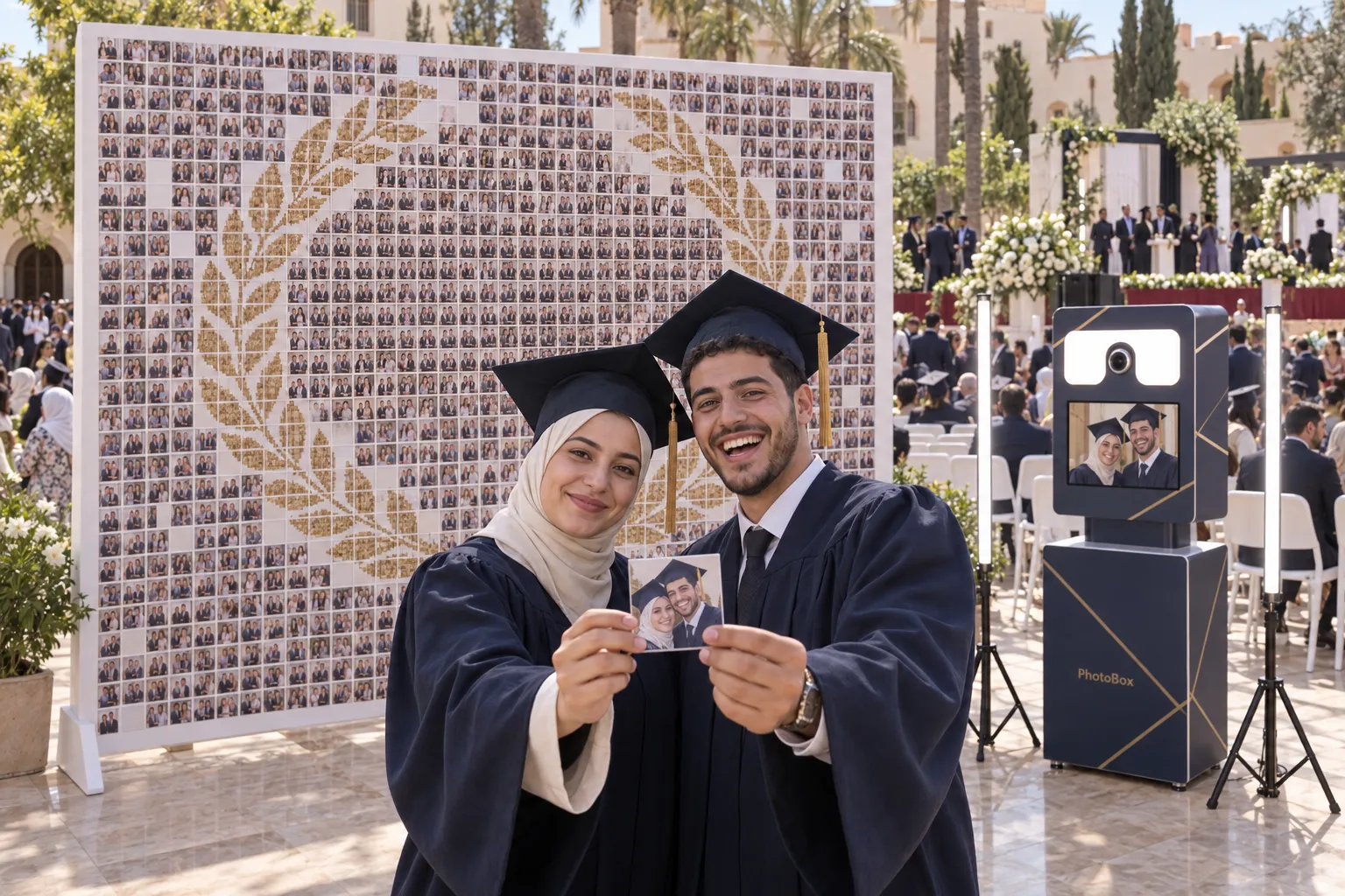 Deux diplômés présentent leur tuile devant la fresque de leur promotion et une Selfie Box bleu nuit et or