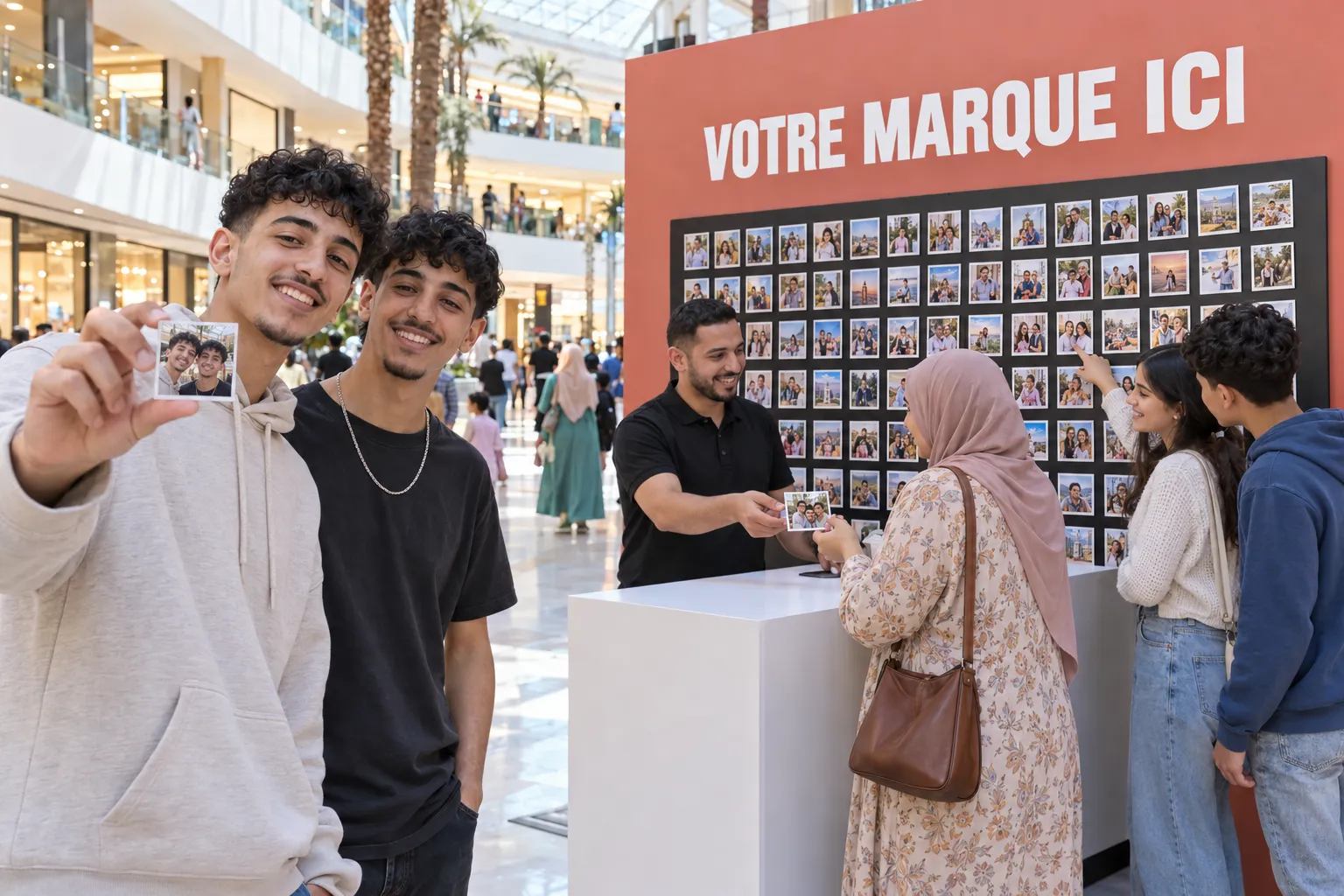 Dans un centre commercial, une famille retrouve son photo magnet sur le tableau aux couleurs de votre marque