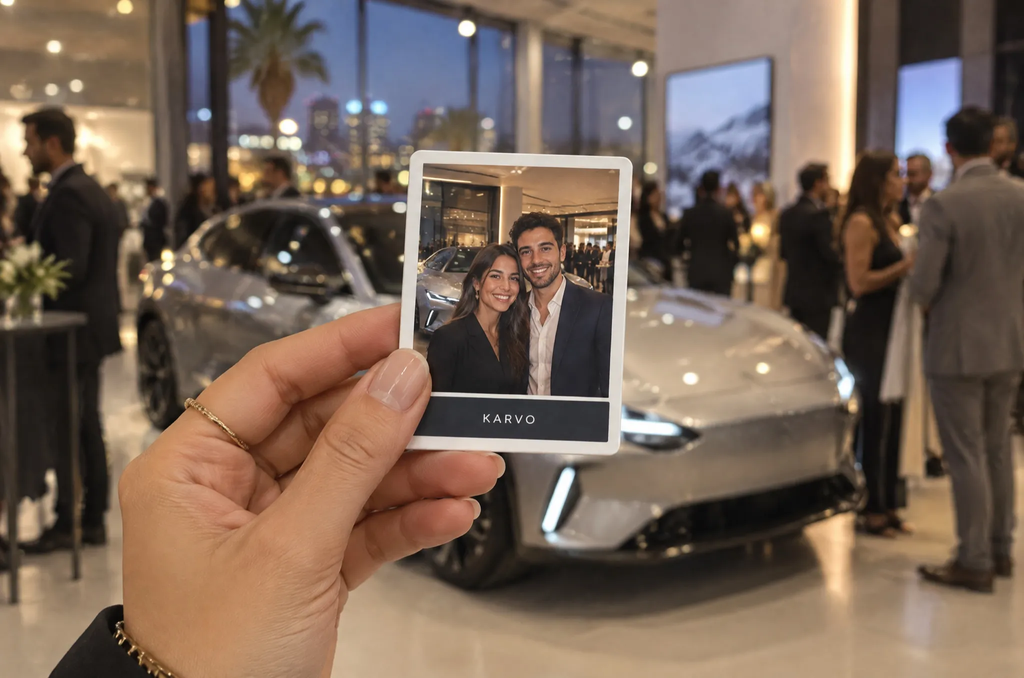 Une invitée tient son photo magnet au cadre d’une marque, lors du lancement d’une voiture