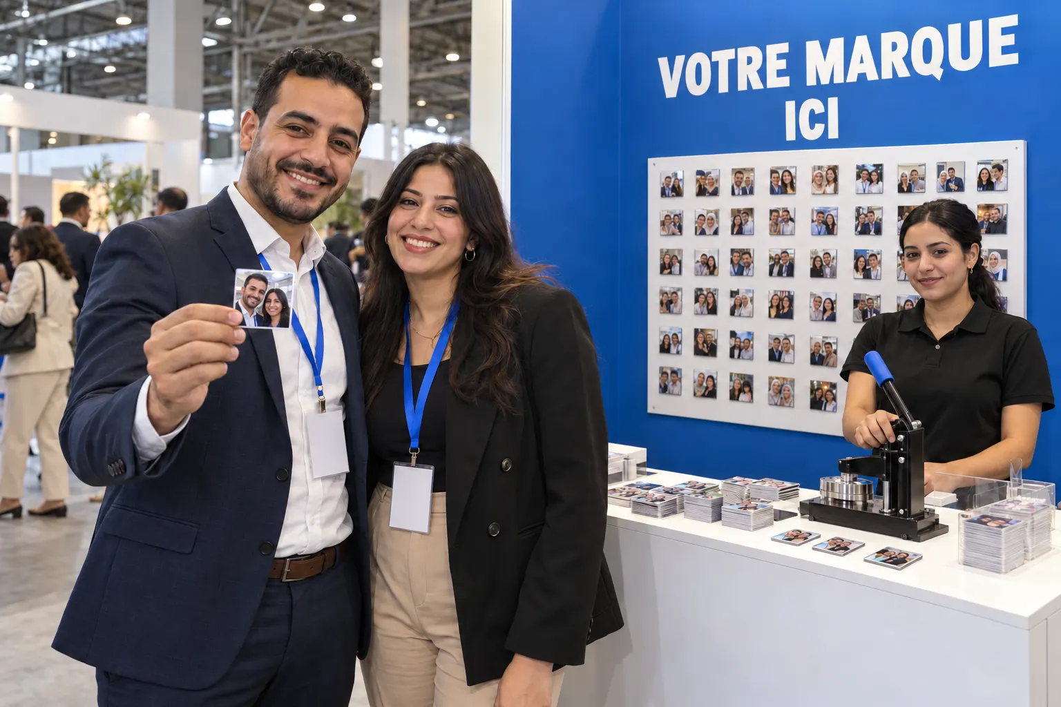 Sur un stand aux couleurs de votre marque, un visiteur présente son photo magnet devant le tableau et la presse
