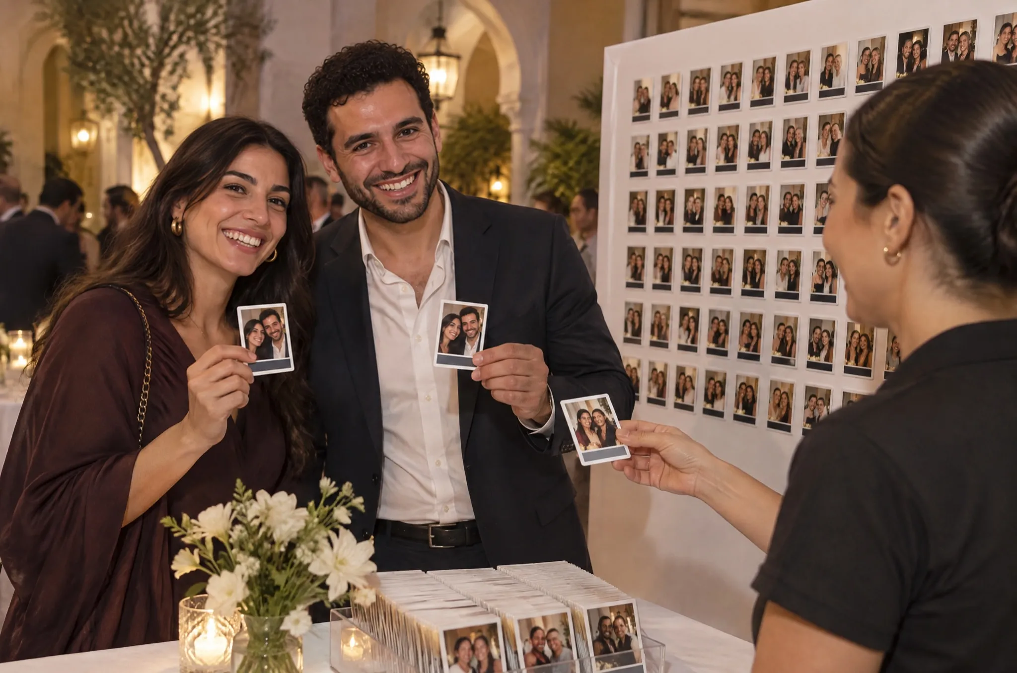 À la table de retrait, deux invités récupèrent leur photo magnet devant le tableau de la soirée