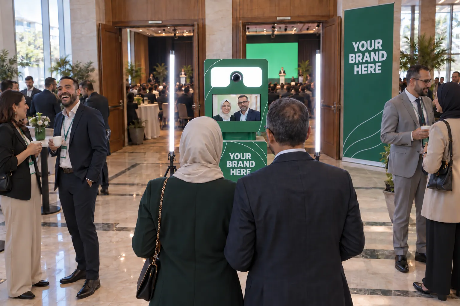 Two delegates with badges face a Selfie Box in your brand colours in a conference foyer