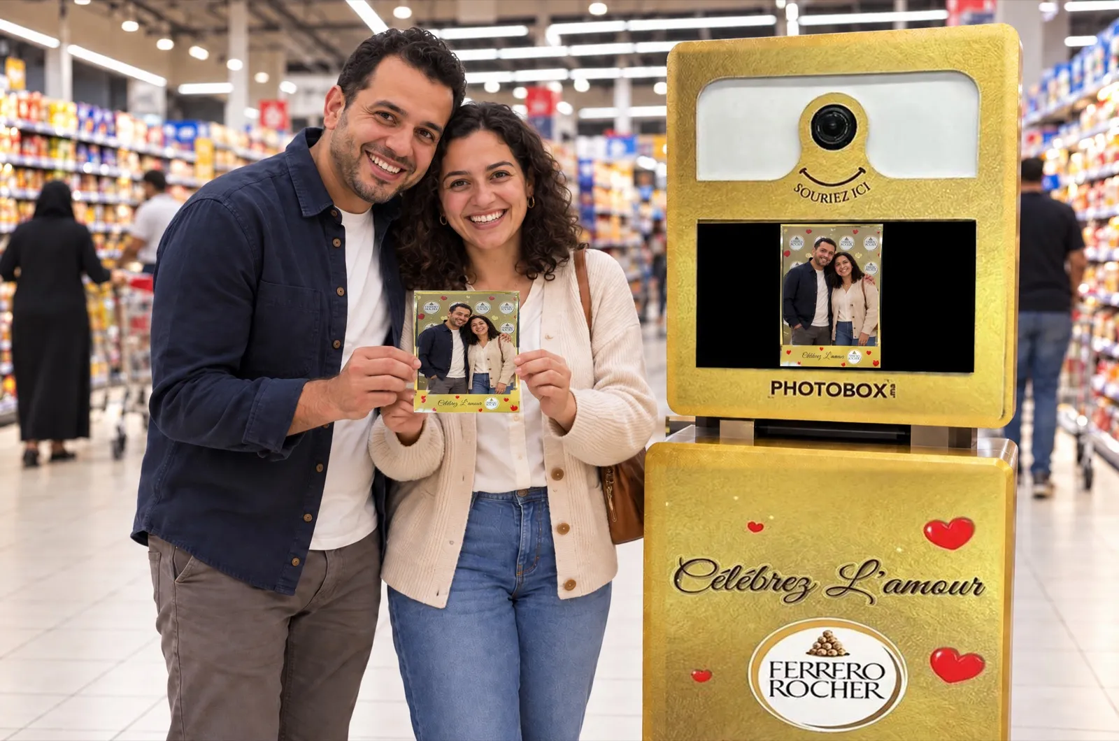 Le couple montre son tirage « Célébrez l’amour » qui vient de sortir de la borne dorée Ferrero Rocher